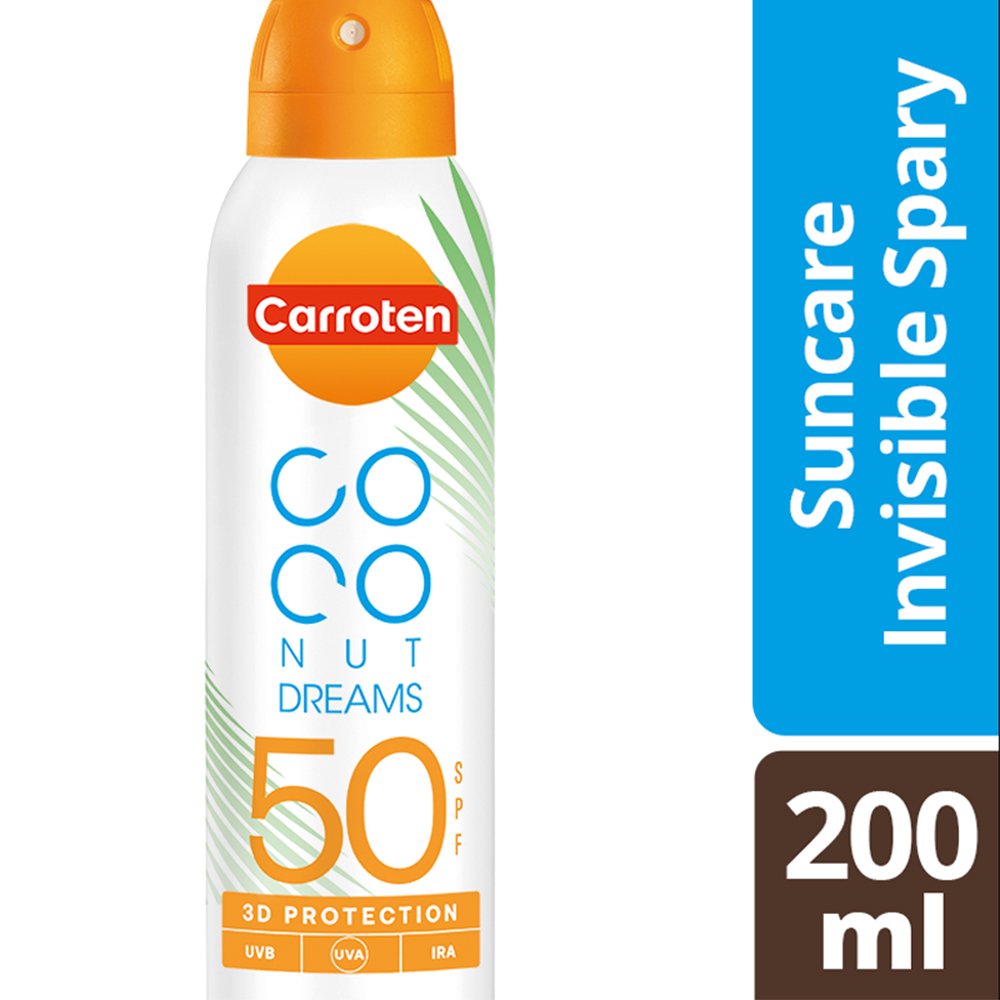 Carroten Coconut Dreams Suncare Invisible Spray Spf50 Αντηλιακό Διάφανο Spray Σώματος Υψηλής Προστασίας Πολύ Ανθεκτικό στο Νερό & την Άμμο με Αόρατο Τελείωμα με Άρωμα Καρύδα 200ml