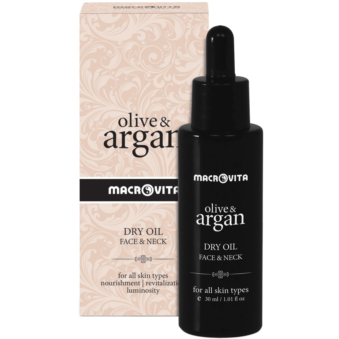 Macrovita Olive & Argan Nourishment, Revitalization & Luminosity Face & Neck Dry Oil Ξηρό Λάδι Προσώπου & Λαιμού για Θρέψη, Αναζωογόνηση & Φωτεινότητα του Δέρματος 30ml
