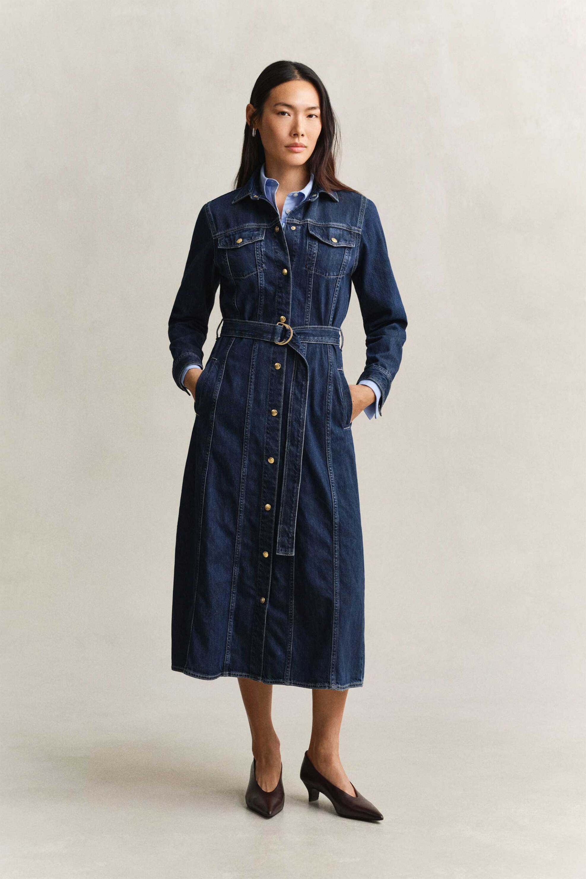 Gant γυναικείο denim midi φόρεμα σεμιζιέ με ζώνη Regular Fit