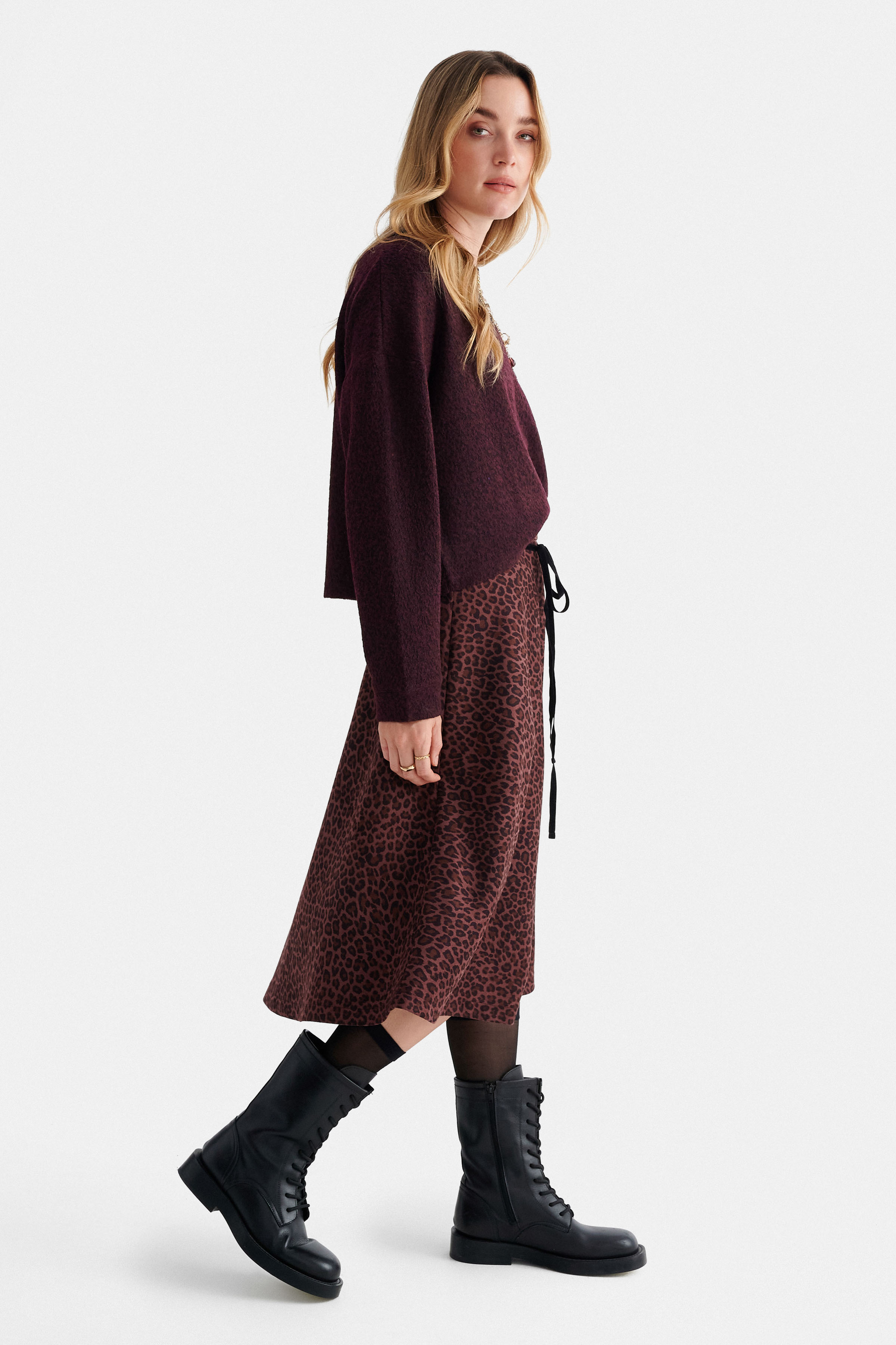 Φούστα μίνι λεοπάρ με ζώνη - Μπορντό
