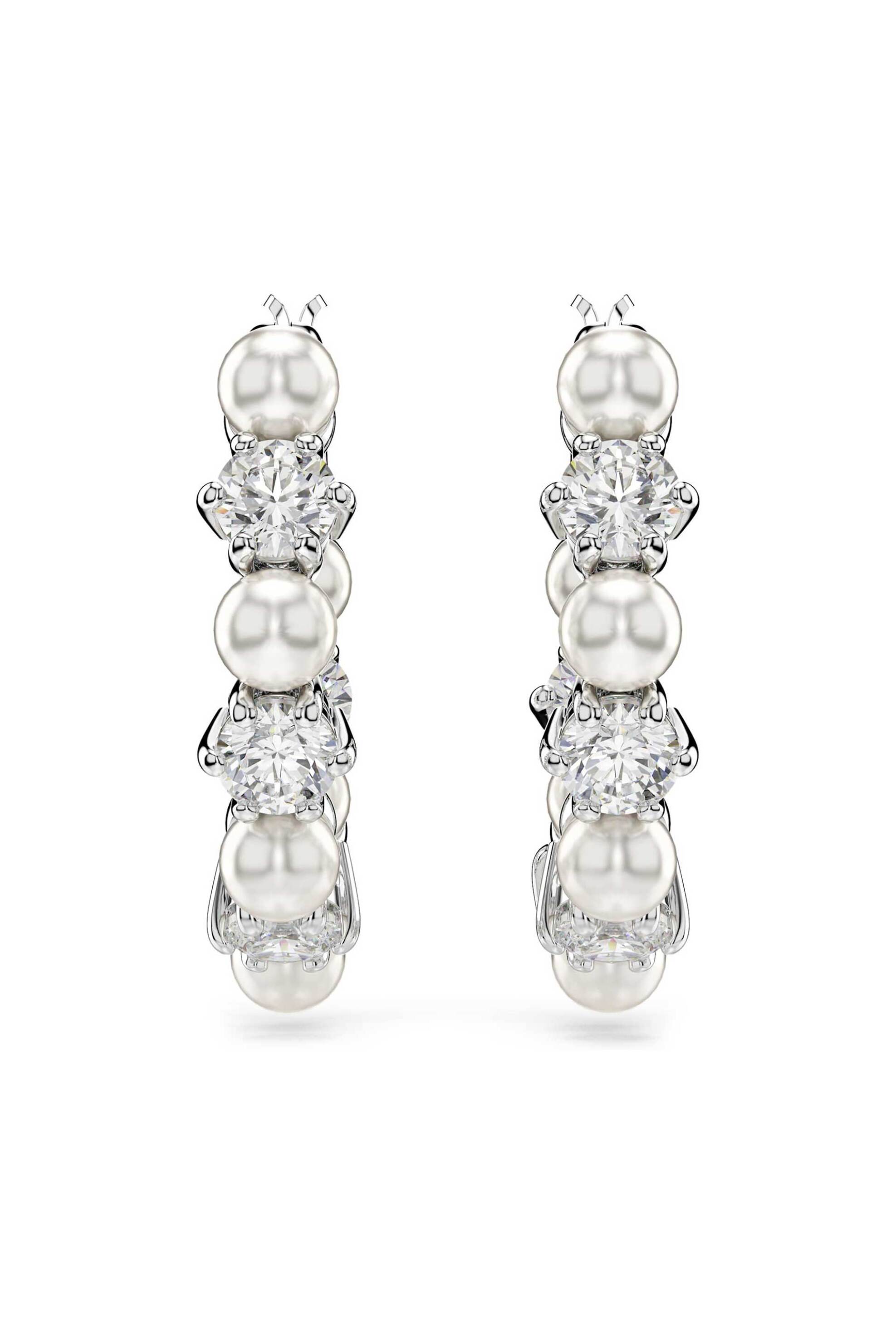 Swarovski γυναικείοι κρίκοι crystal pearl, στρογγυλή κοπή, λευκά, επιμετάλλωση ροδίου "Matrix"