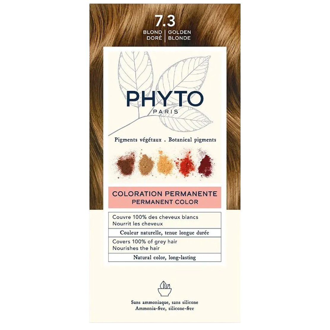 Phyto Permanent Hair Color Kit Μόνιμη Βαφή Μαλλιών με Φυτικές Χρωστικές, Χωρίς Αμμωνία 1 Τεμάχιο - 7.3 Ξανθό Χρυσό