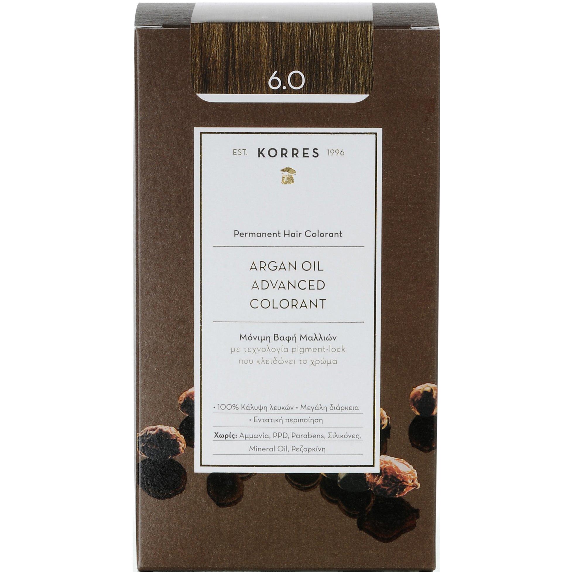 Korres Argan Oil Βαφή Μαλλιών Χωρίς Αμμωνία με Τεχνολογία Pigment-Lock που Κλειδώνει το Χρώμα 1 Τεμάχιο - 6.0 Ξανθό Σκούρο Φυσικό