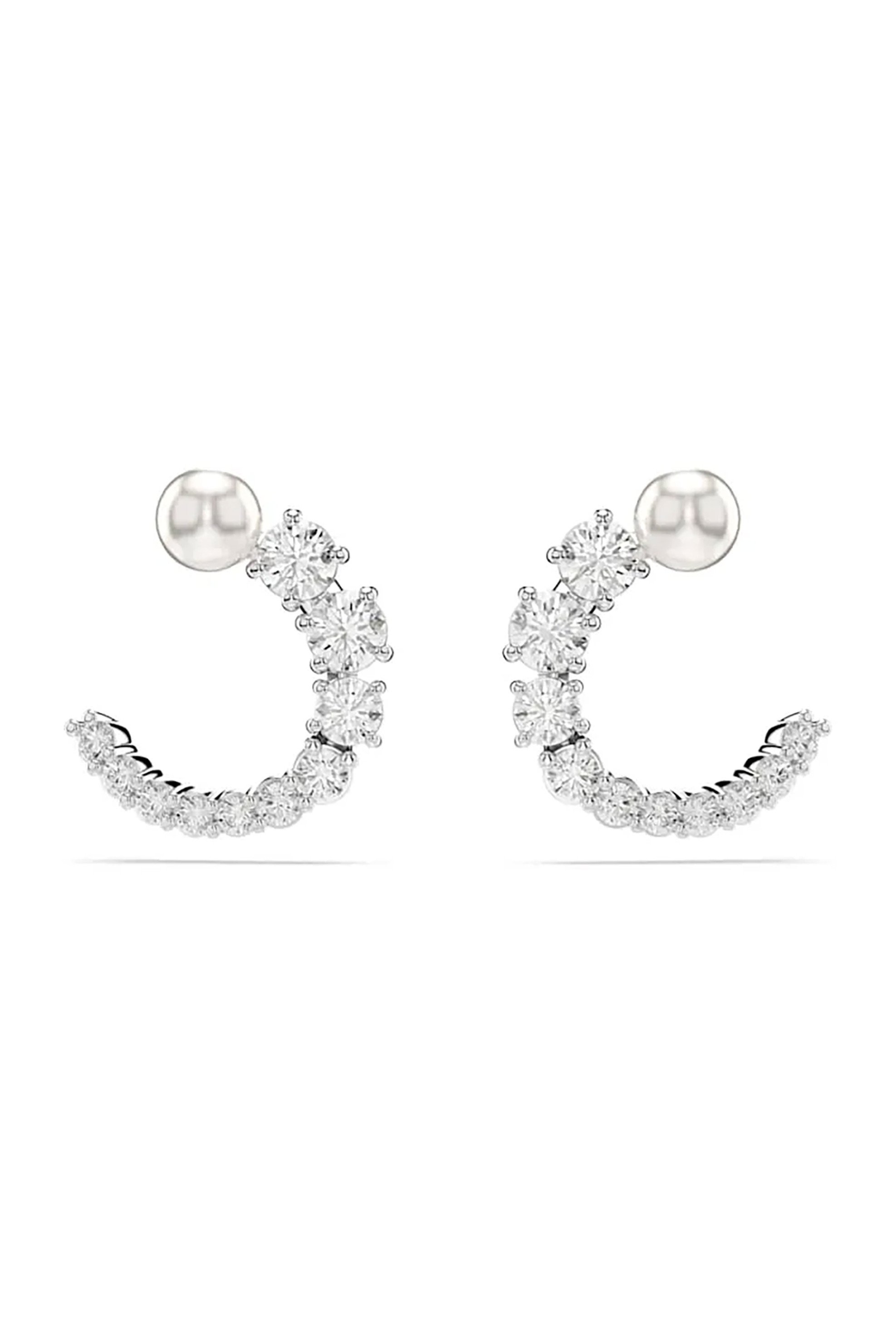 Swarovski γυναικείοι κρίκοι, crystal pearl, στρογγυλή κοπή, λευκά, επιμετάλλωση ροδίου "Matrix"