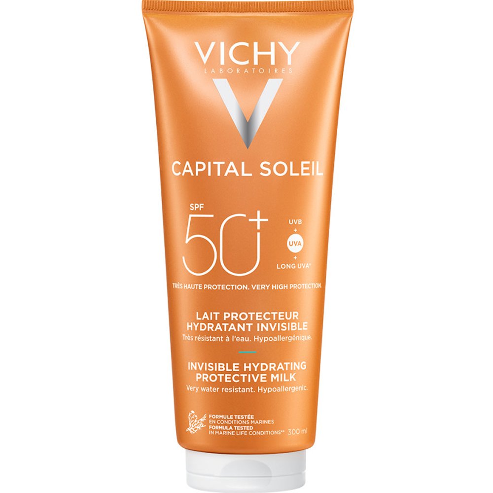 Vichy Capital Soleil Invisible Hydrating Protective Milk Spf50+ Αντηλιακό Γαλάκτωμα Προσώπου Σώματος Πολύ Υψηλής Προστασίας για Ευαίσθητες Επιδερμίδες 300ml