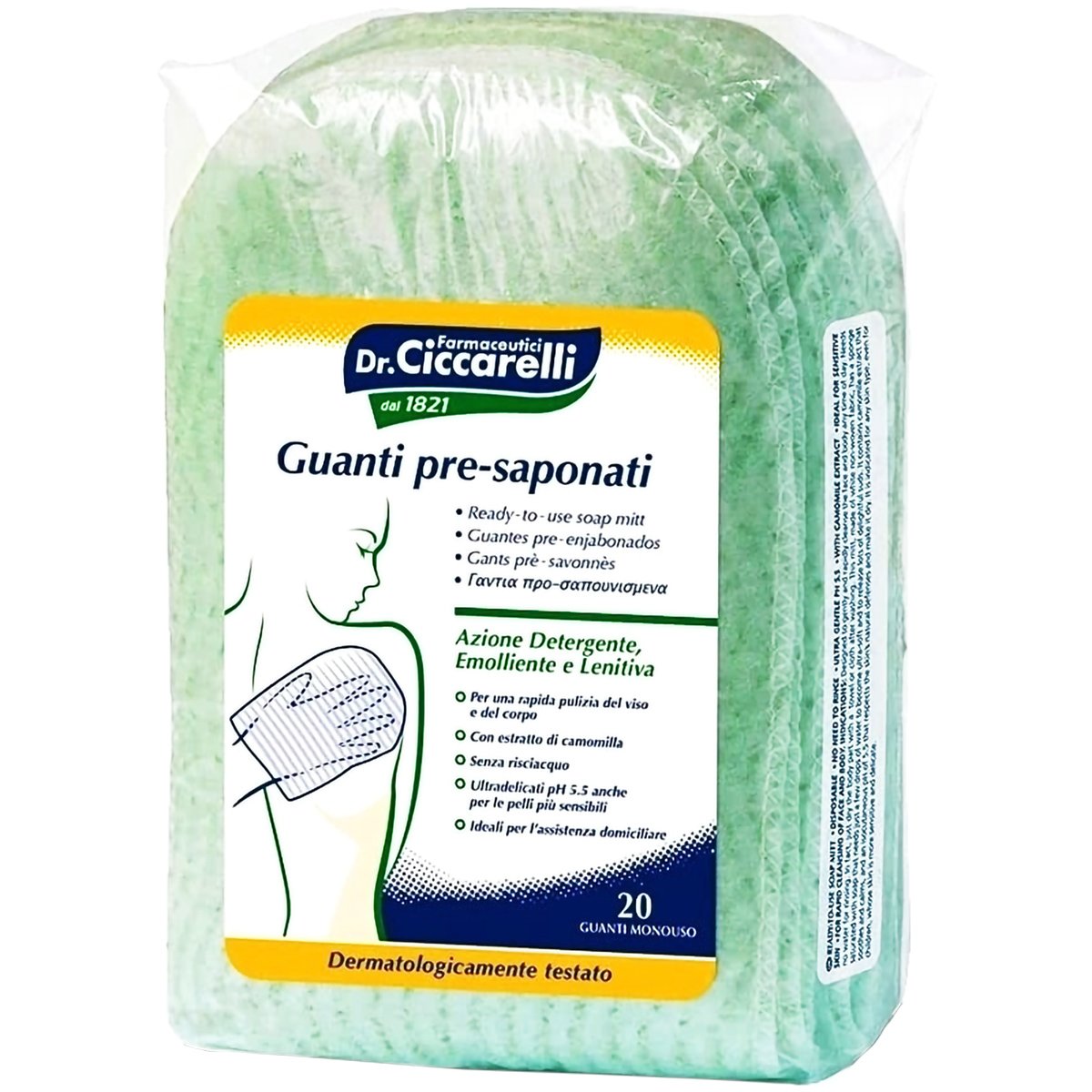 Dr Ciccarelli Ready-to-Use Soap Mitt Γάντια Προ-Σαπουνισμένα Μιας Χρήσης για Καθαρισμό Προσώπου & Σώματος, Χωρίς Ξέβγαλμα 20 Τεμάχια