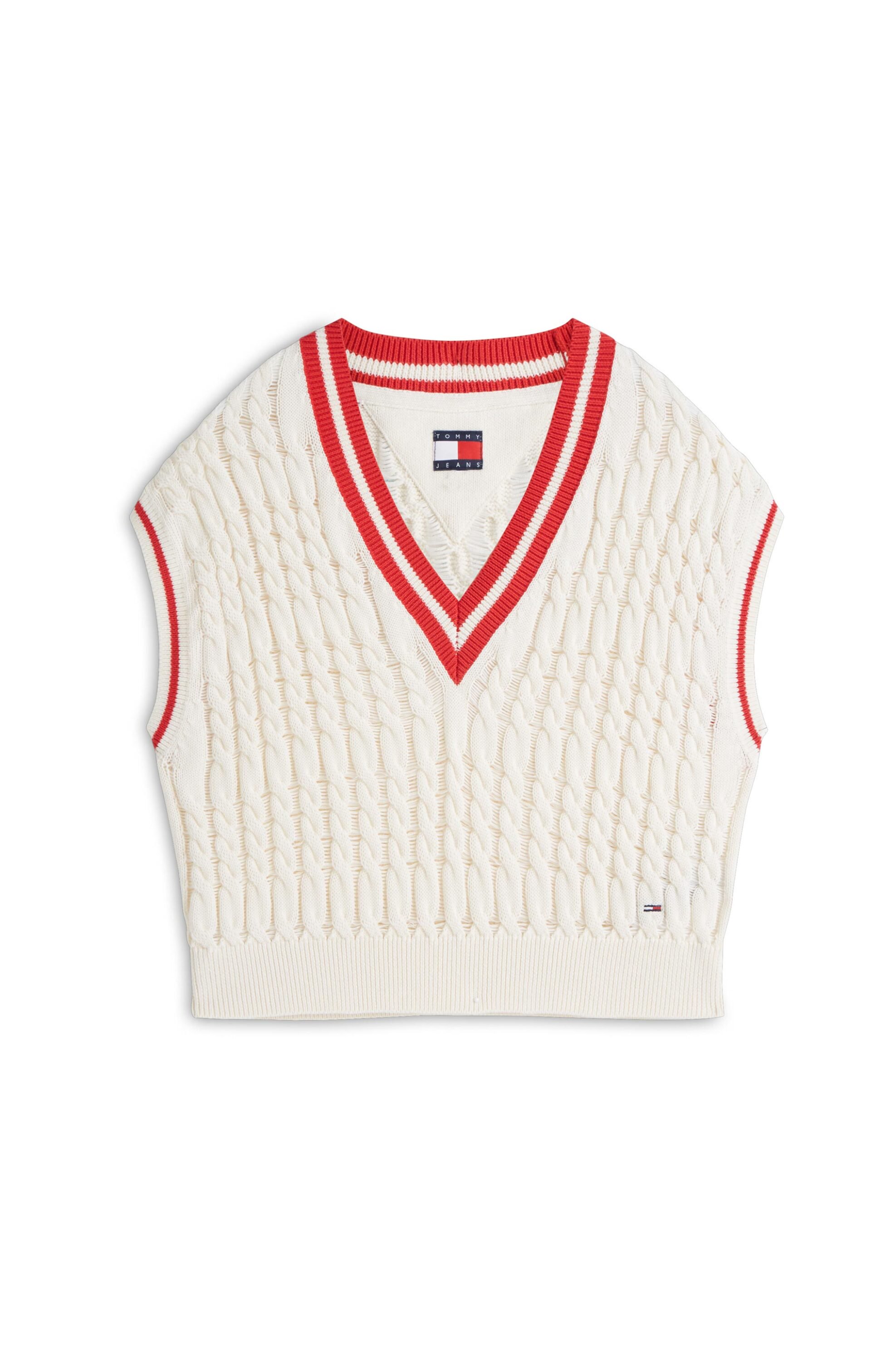Tommy Jeans γυναικεία αμάνικη πλεκτή μπλούζα με V και cable knit pattern Relaxed Fit