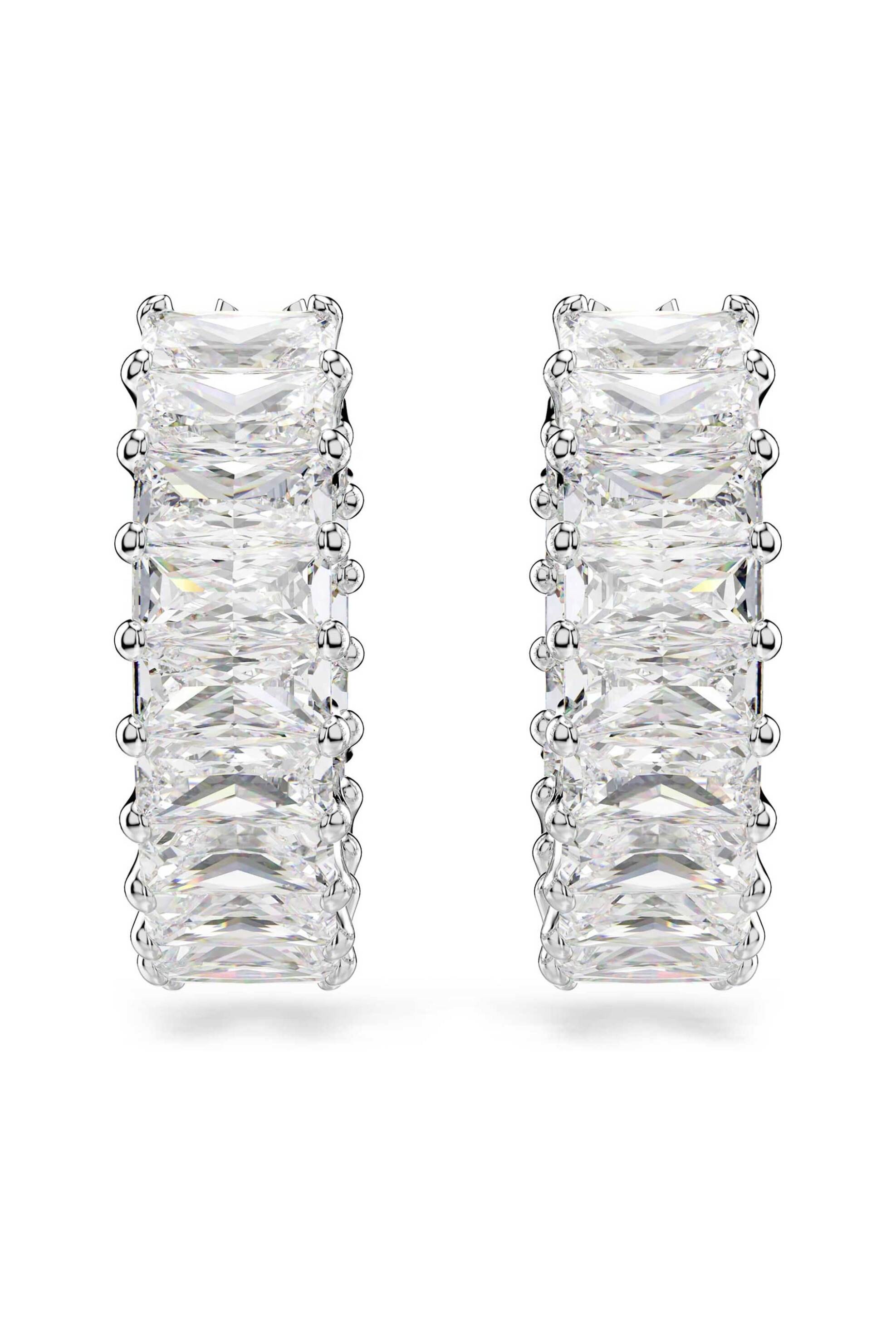 Swarovski γυναικείοι κρίκοι κοπή baguette, λευκά, επιμετάλλωση ροδίου "Matrix"