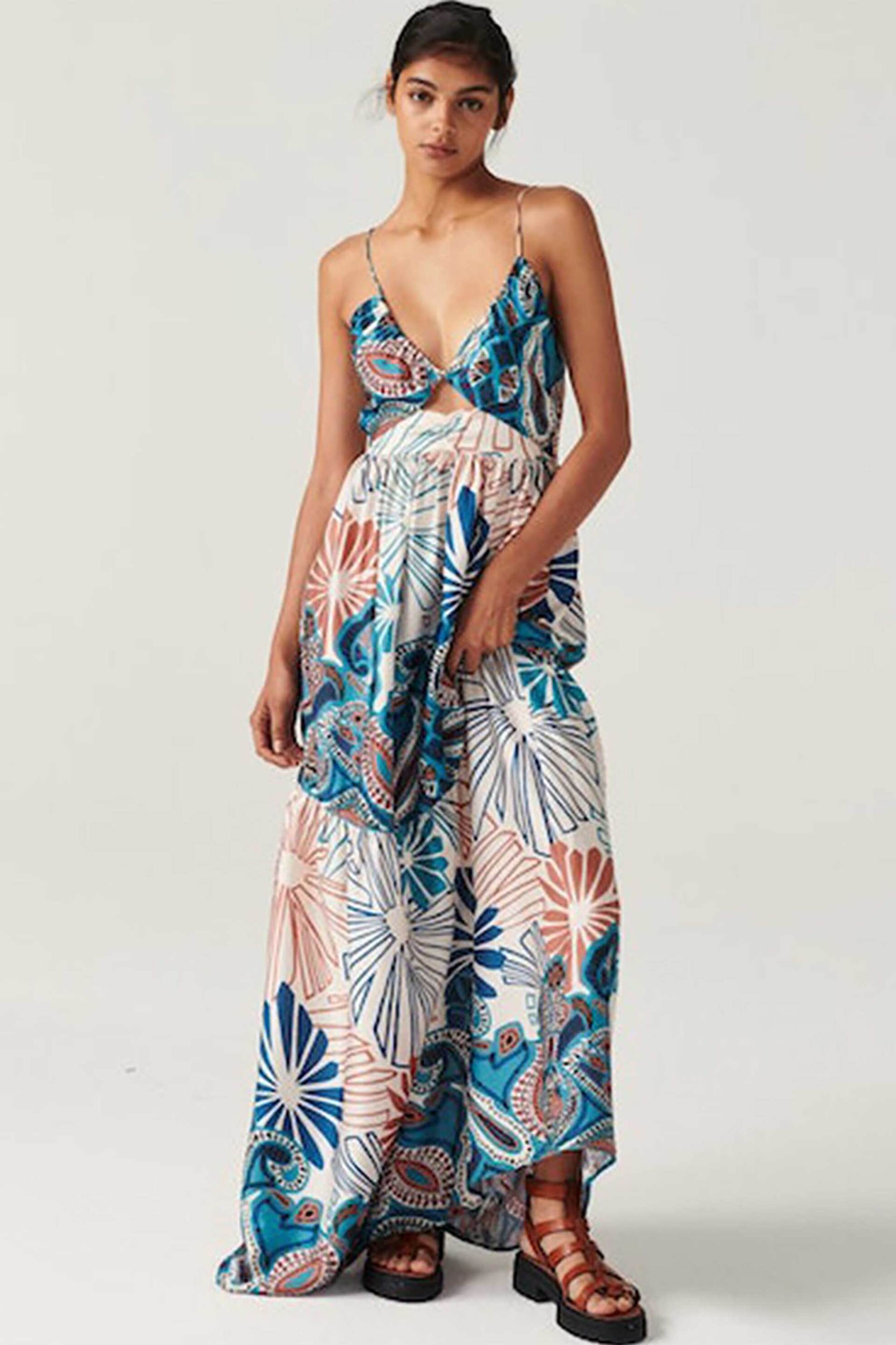 ba&sh γυναικείο maxi φόρεμα με all-over colorful print και cut-out λεπτομέρεια μπροστά "Joyce"