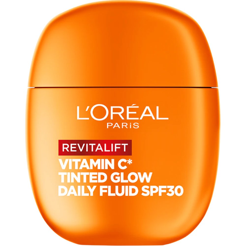 L'Oreal Paris Revitalift Vitamin C Spf30 Tinted Glow Daily Fluid Λεπτόρευστη Κρέμα Προσώπου Υψηλής Προστασίας με Βιταμίνη C, με Χρώμα & Ανακλαστικές Πέρλες για Λάμψη, Ομοιόμορφο Τόνο & Μείωση των Σημαδιών Γήρανσης 40ml