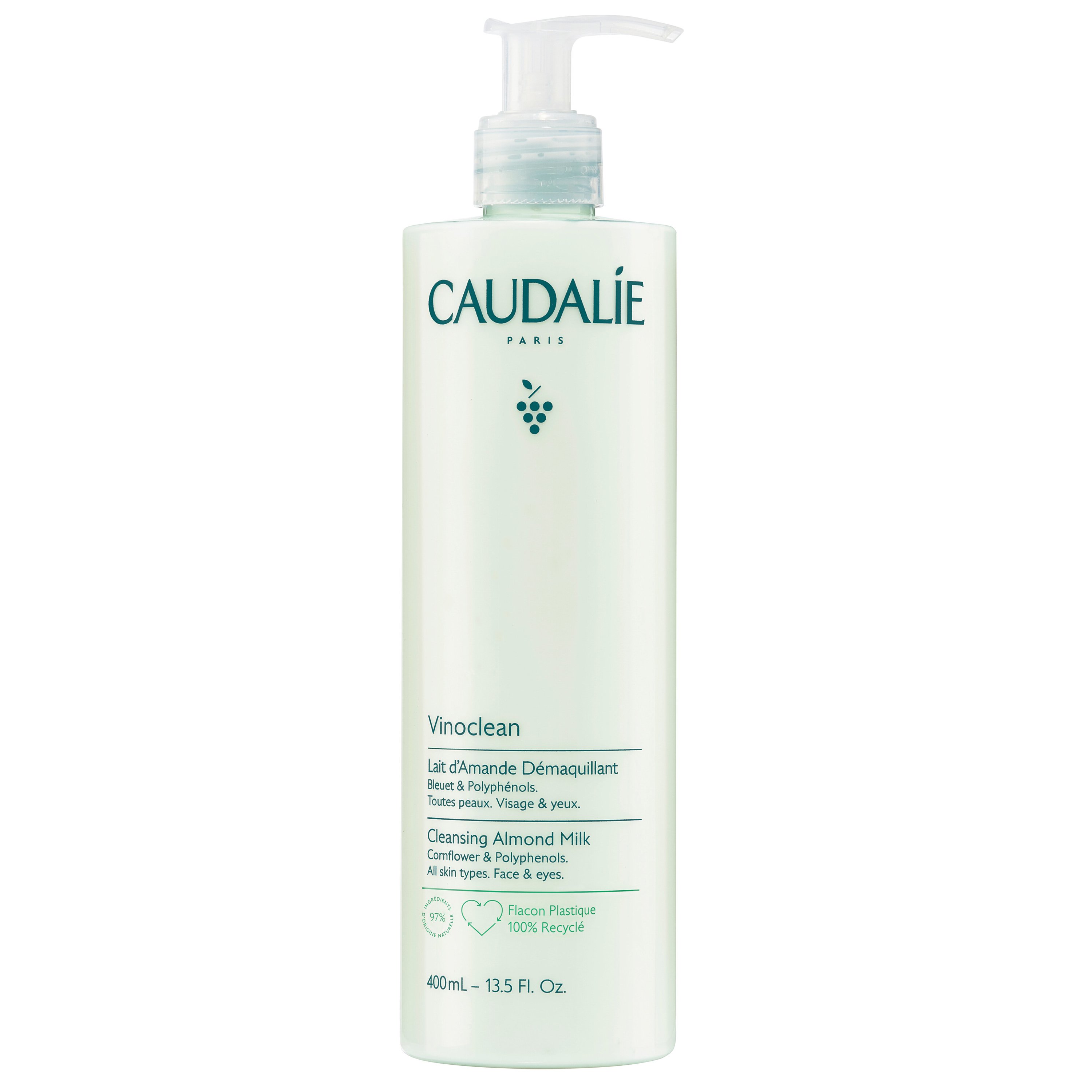 Caudalie Vinoclean Almond Milk Face & Eyes Cleansing Ενυδατικό Γαλάκτωμα Καθαρισμού Προσώπου & Ματιών για Θρέψη & Καταπράυνση των Ξηρών Επιδερμίδων με Αντλία 400ml