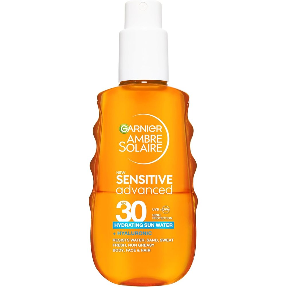 Garnier Ambre Solaire Spf30 Sensitive Advanced Hydrating Sun Water Ενυδατικό Διφασικό Αντηλιακό Νερό Υψηλής Προστασίας για Σώμα, Πρόσωπο & Μαλλιά με Υαλουρονικό Οξύ 150ml