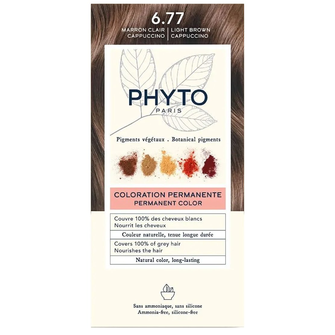 Phyto Permanent Hair Color Kit Μόνιμη Βαφή Μαλλιών με Φυτικές Χρωστικές, Χωρίς Αμμωνία 1 Τεμάχιο - 6.77 Μαρόν Ανοιχτό Καπουτσίνο