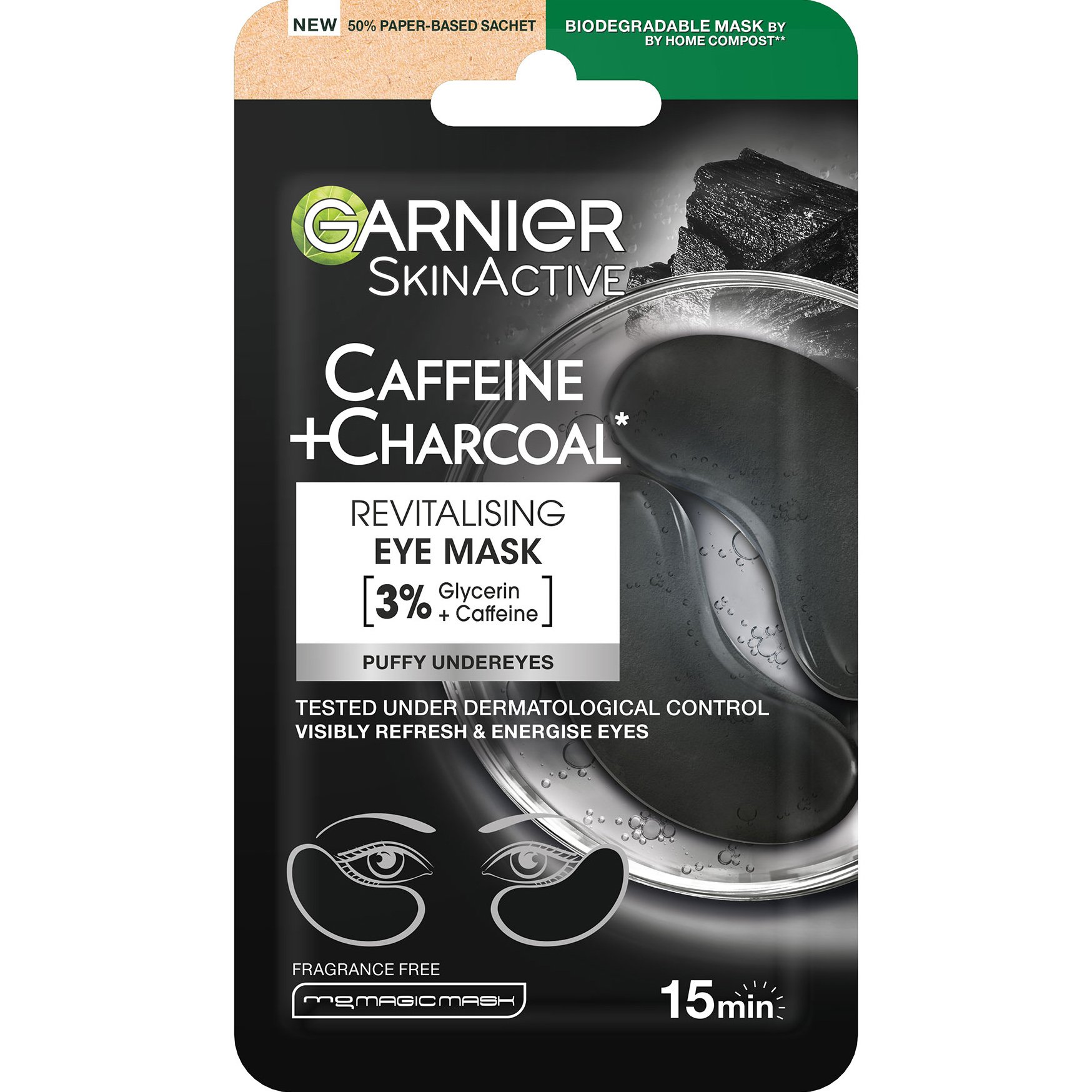 Garnier Skinactive Caffeine & Charcoal Revitalising Eye Patches Μάσκα Ματιών για Μείωση των Μαύρων Κύκλων & του Πρηξίματος 1 Ζευγάρι