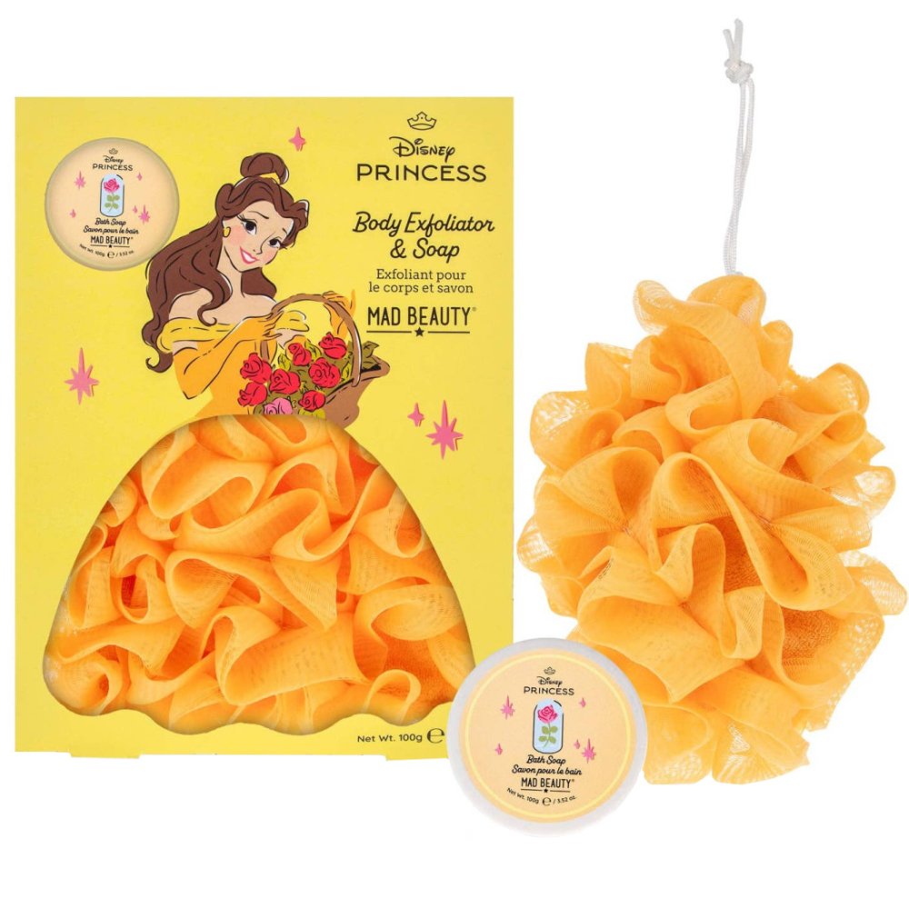 Mad Beauty Promo Disney Princess Body Exfoliator & Peony & Cherry Blossom Soap 100g,Απολεπιστικό Σφουγγάρι Σώματος & Ενυδατικό Σαπούνι Εμπνευσμένο Από την Belle με Άρωμα Παιώνια & Άνθος Κερασιάς