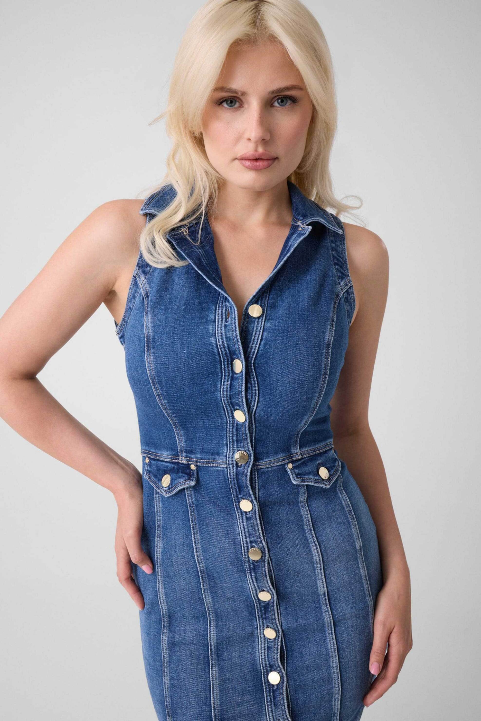 Guess γυναικείο denim midi φόρεμα αμάνικο σεμιζιέ Fitted "Destiny"