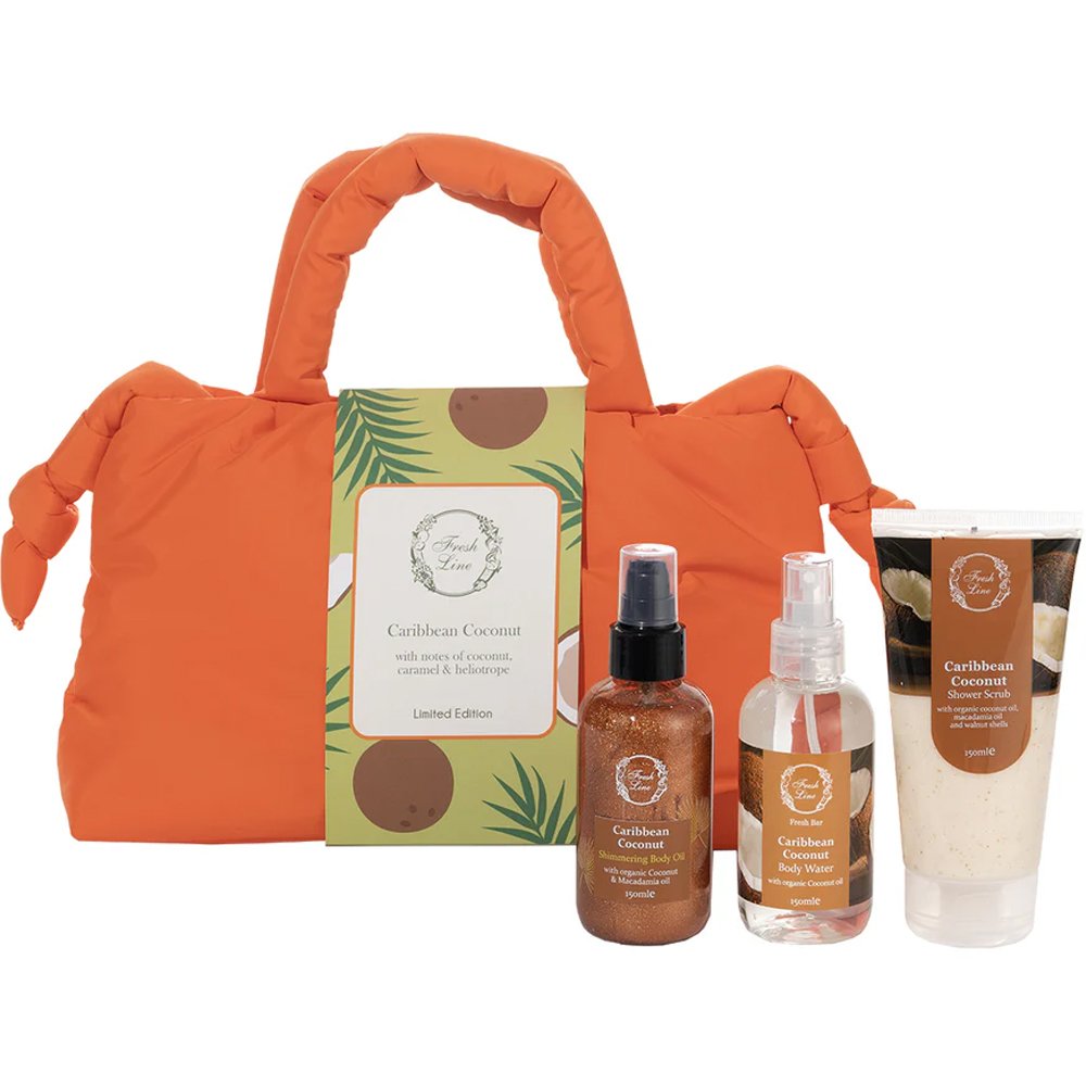 Fresh Line Promo Caribbean Coconut Shower Scrub 150ml & Coconut Body Water 150ml & Shimmering Body Oil 150ml & Δώρο Νεσεσέρ 1 Τεμάχιο