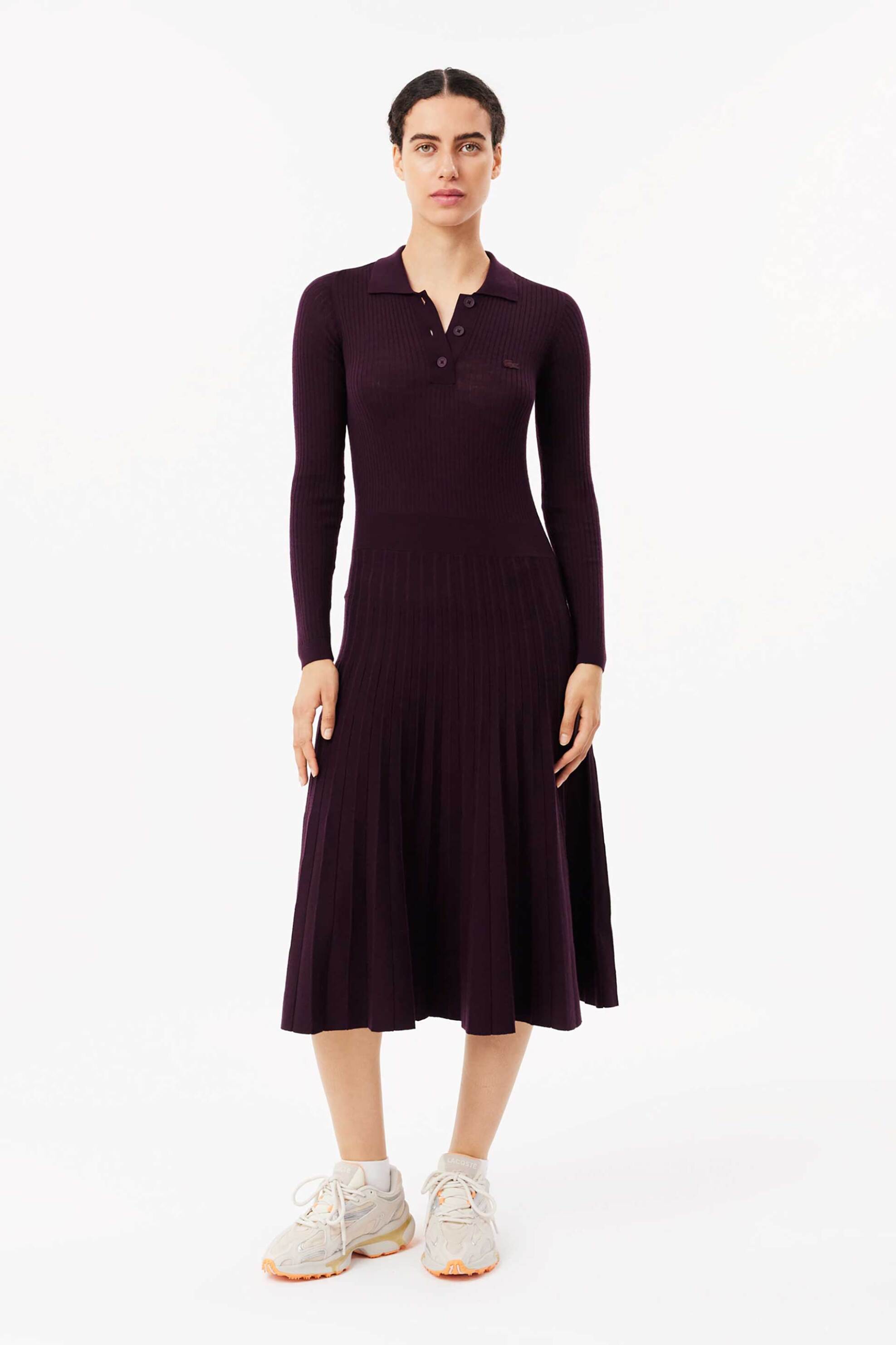Lacoste γυναικείο μάλλινο midi φόρεμα ribbed με κεντημένο tone-on-tone λογότυπο