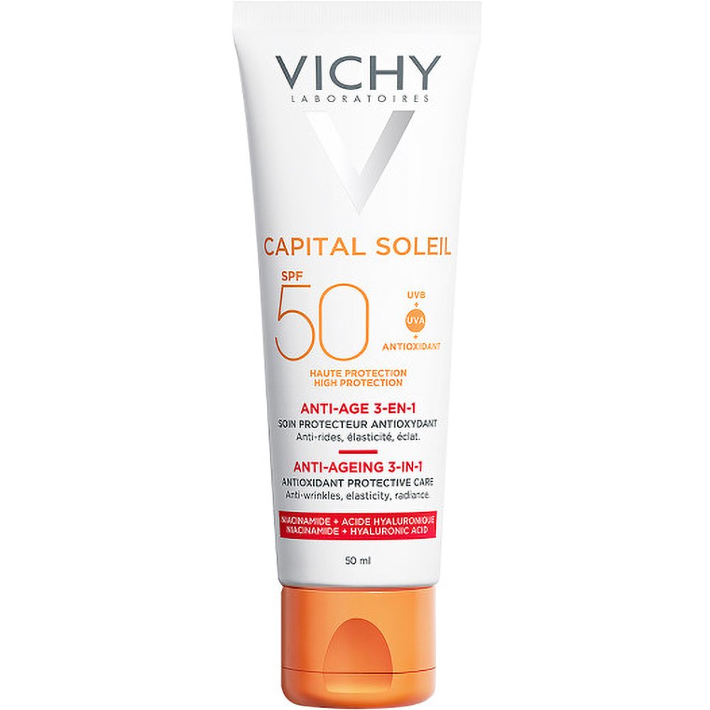 Vichy Capital Soleil Anti-Age Antioxidant Protective Care Spf50, Κρέμα Προσώπου για Ελαστικότητα & Λάμψη Υψηλής Αντηλιακής Προστασίας Κατά των Ρυτίδων 50ml