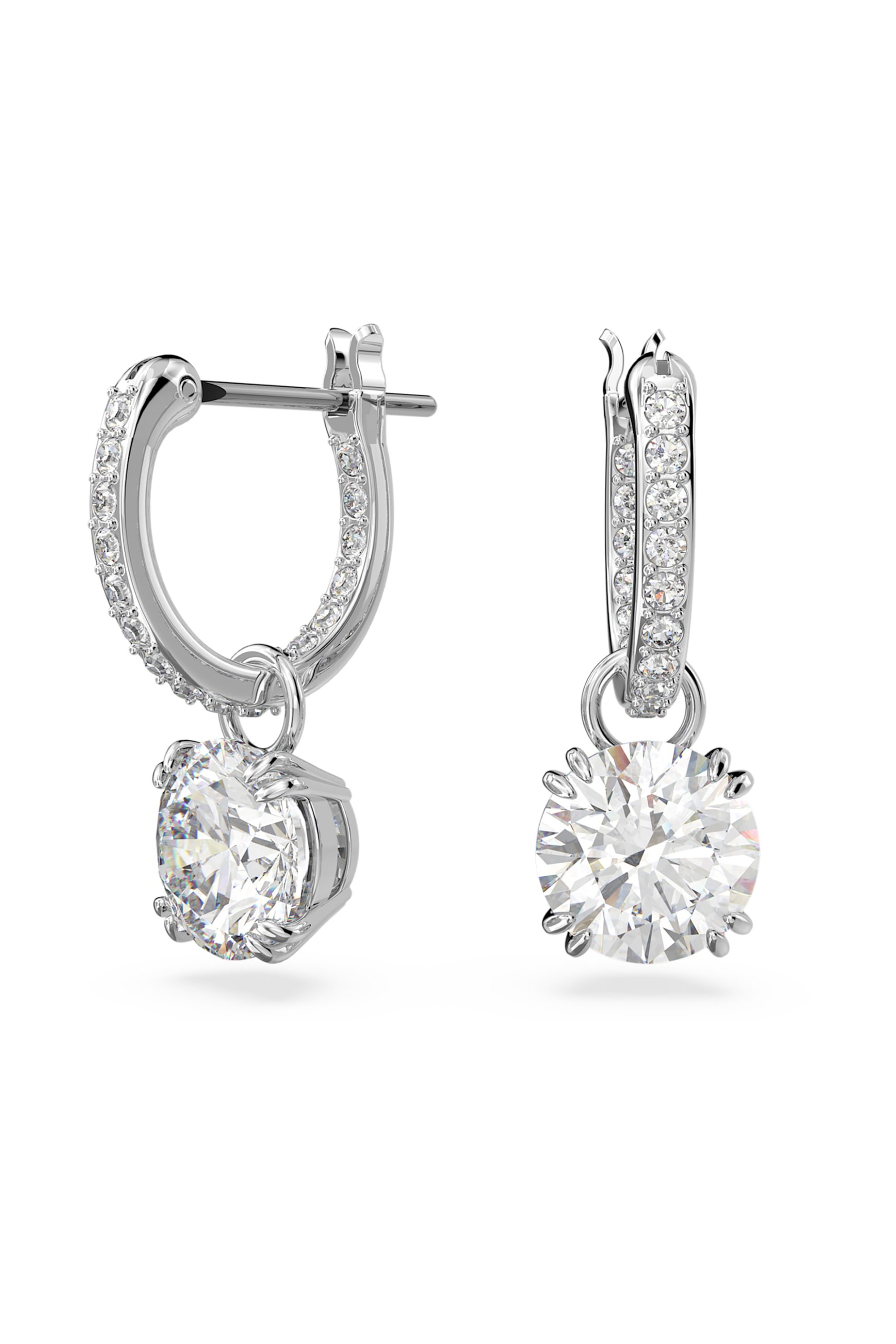 Swarovski γυναικεία σκουλαρίκια σταγόνα στρογγυλή κοπή, λευκά, επιμετάλλωση ροδίου "Constella"