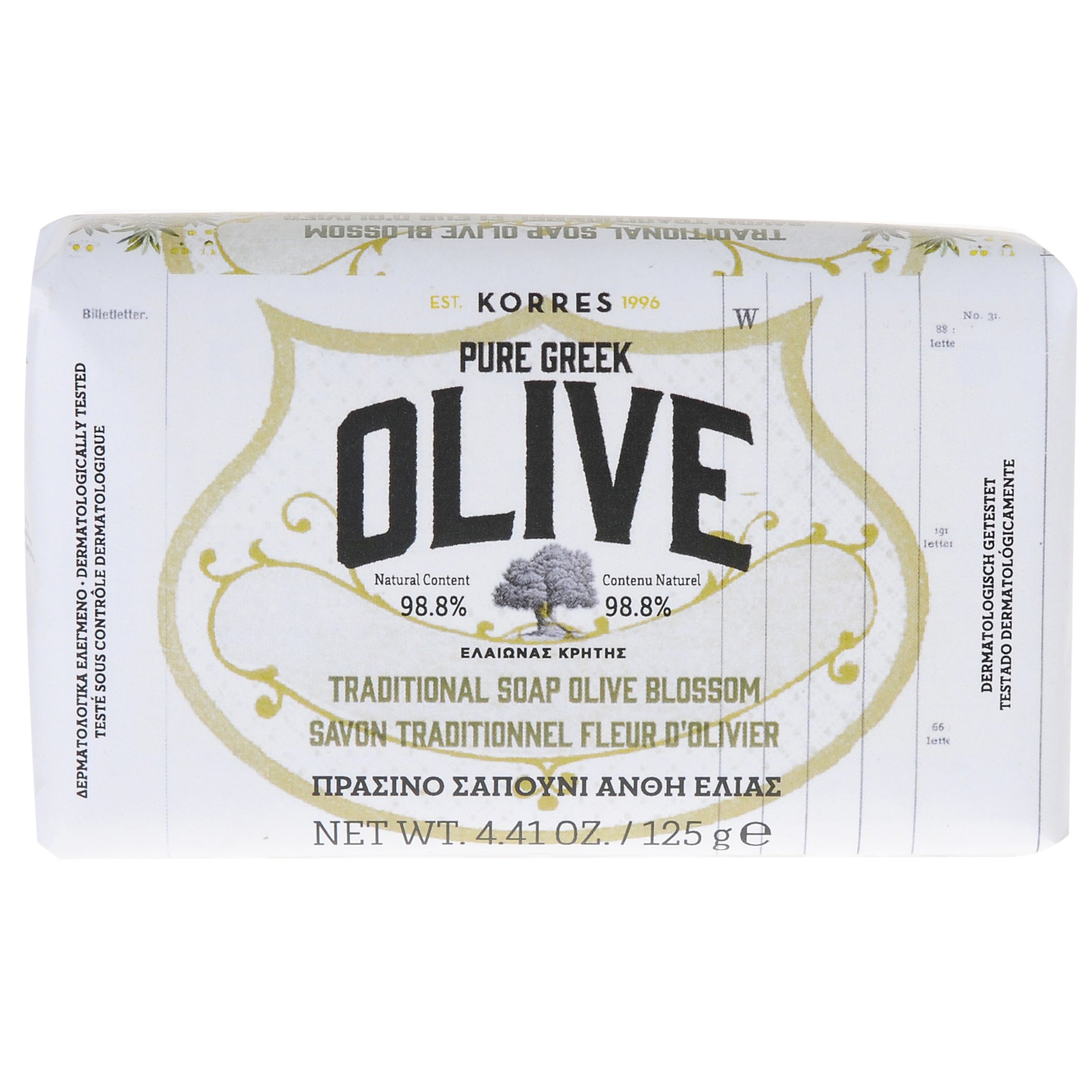 Korres Pure Greek Olive Tradional Soap Olive Blossom Πράσινο Σαπούνι Φυσική Πηγή Βιταμινών & Αντιοξειδωτικών με Άνθη Ελιάς 125gr