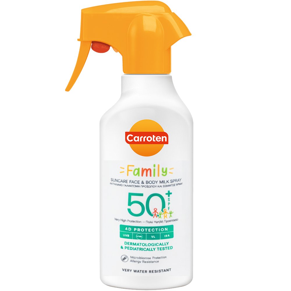 Carroten Family Spf50+ Suncare Face & Body Milk Spray Αντηλιακό Γαλάκτωμα Spray Προσώπου & Σώματος Πολύ Υψηλής Προστασίας για Όλη της Οικογένεια 270ml