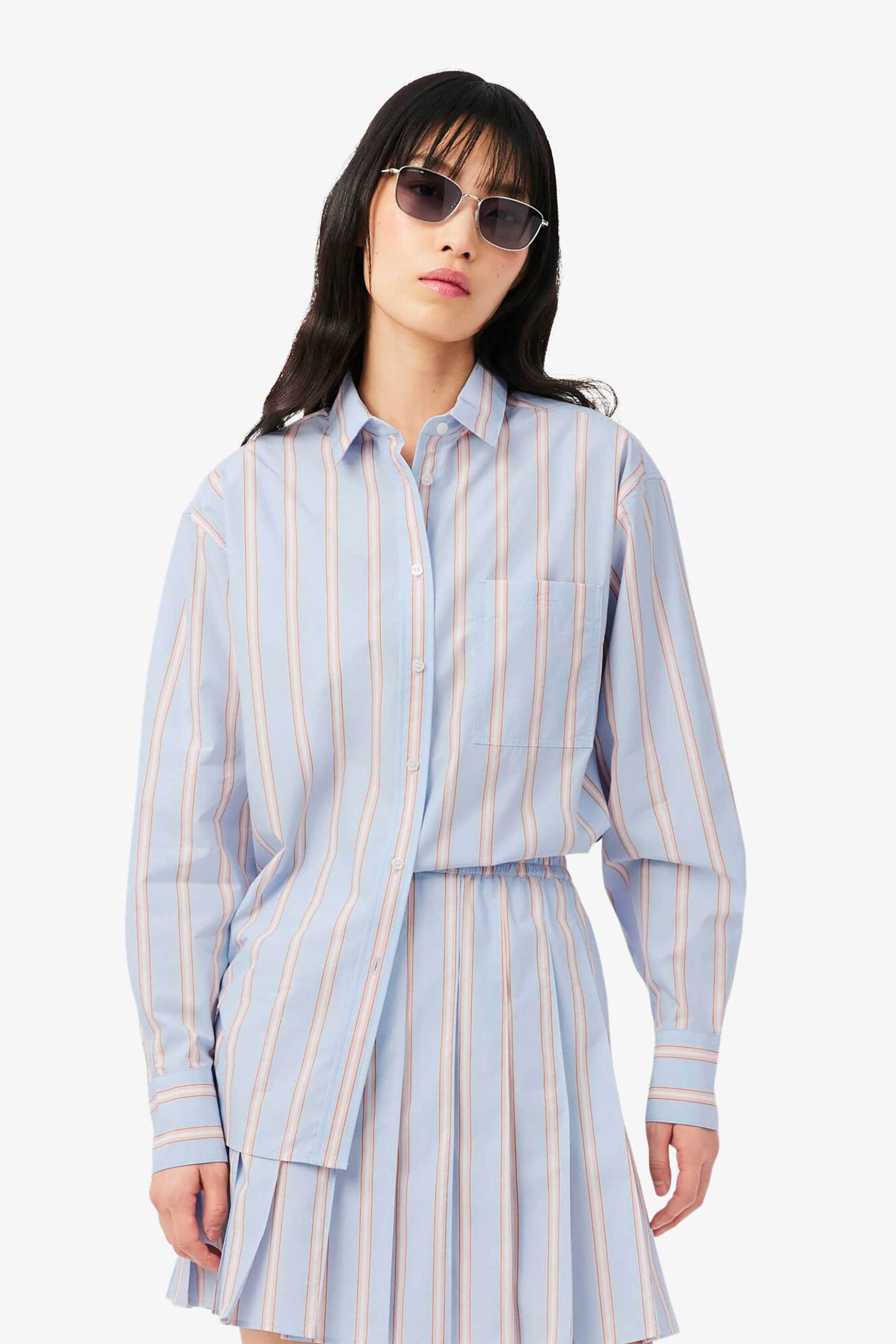 Lacoste γυναικείο πουκάμισο poplin με ριγέ σχέδιο και τσέπη με λογότυπο Oversized Fit | 36