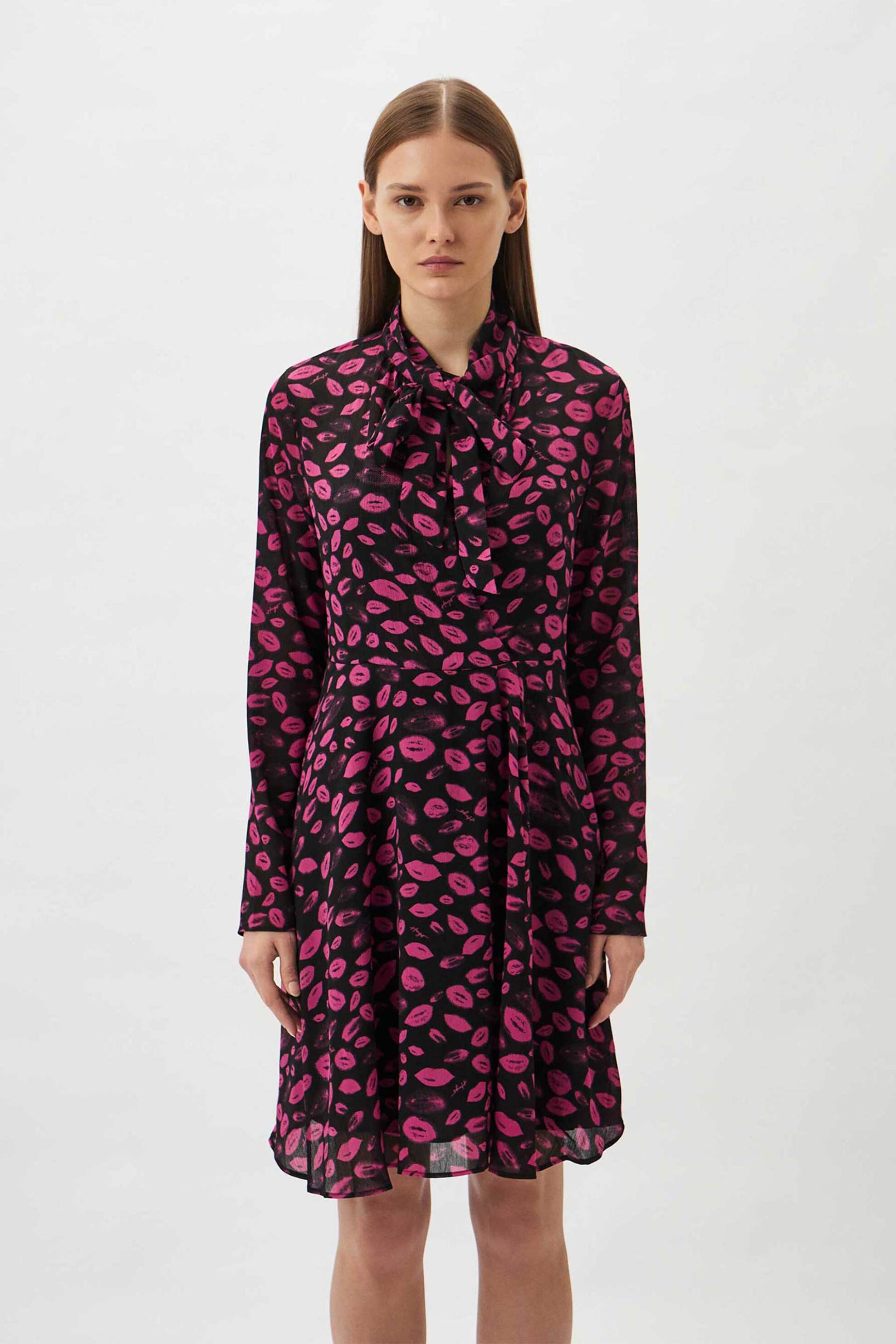 Hugo Boss γυναικείο mini φόρεμα με all-over lips print "Κaleya-1"