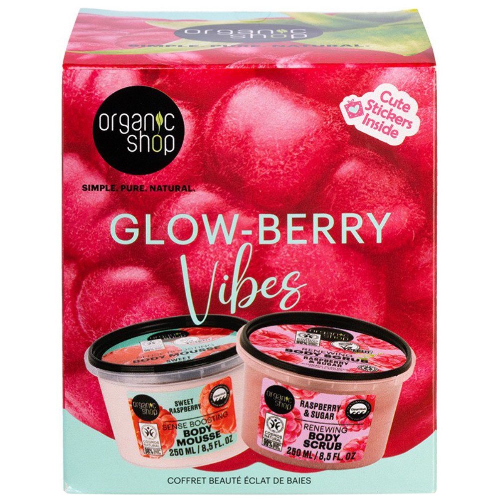 Organic Shop Promo Glow-Berry Vibes Raspberry & Sugar Renewing Body Scrub 250ml & Sweet Raspberry Sense Boosting Body Mousse 250ml