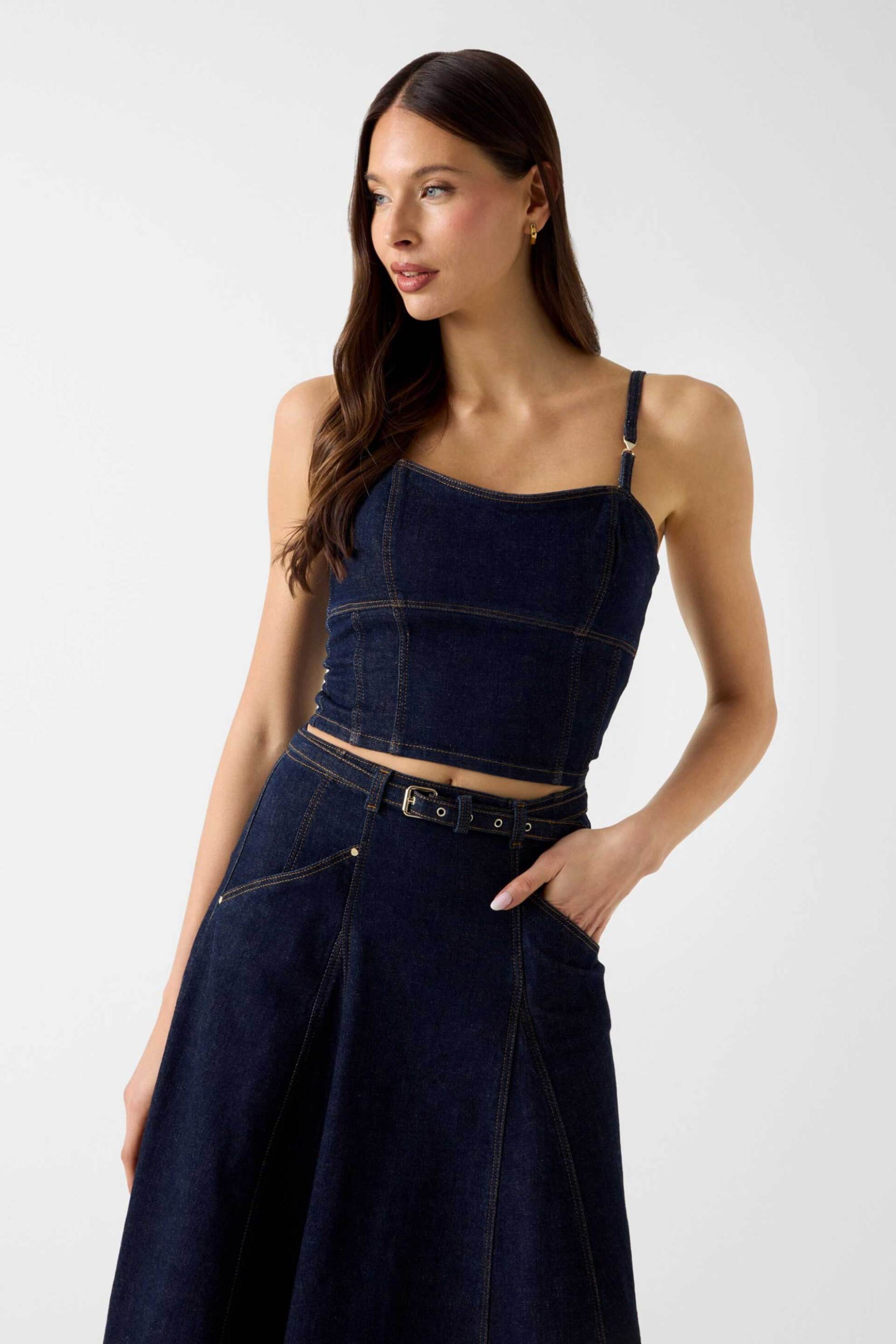 Guess γυναικείο denim αμάνικο μπουστάκι cropped "Zelda"