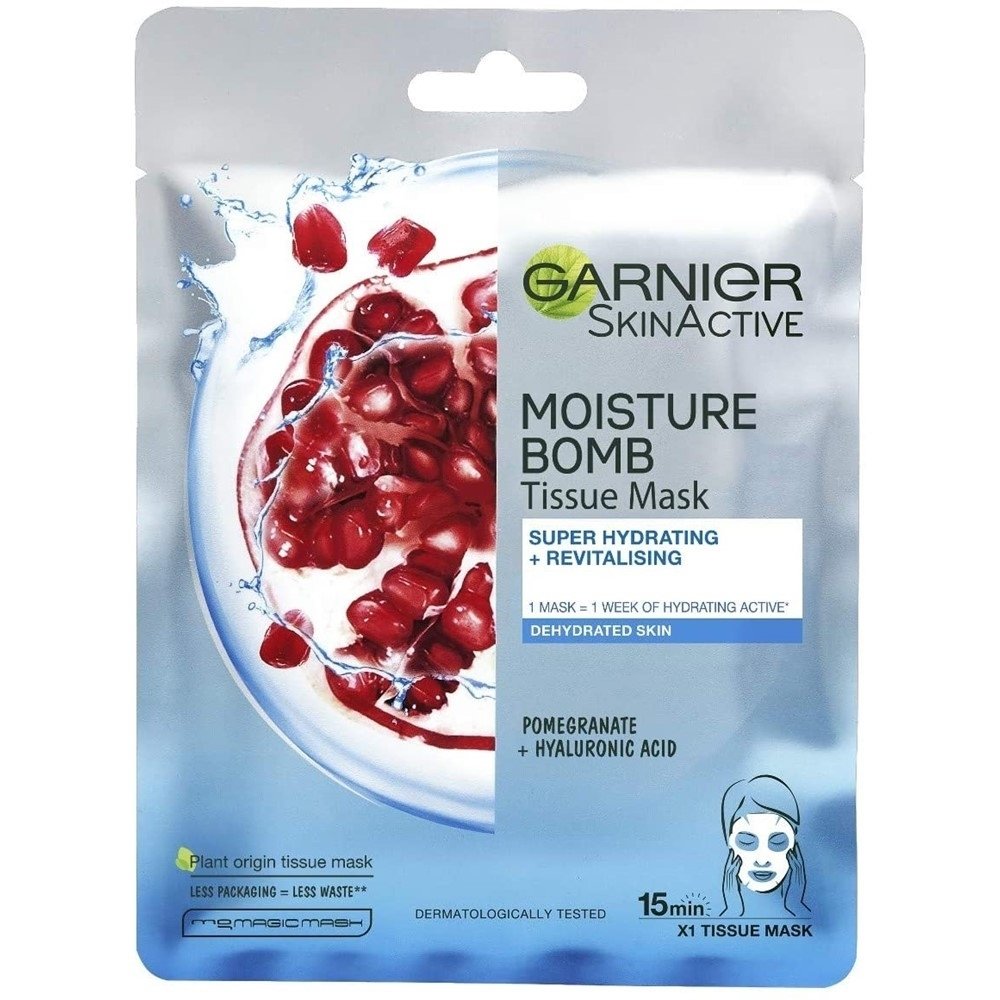 Garnier Skinactive Moisture Bomb Sheet Mask Υφασμάτινη Μάσκα Ενυδάτωσης Προσώπου με Ρόδι & Υαλουρονικό Οξύ 32gr