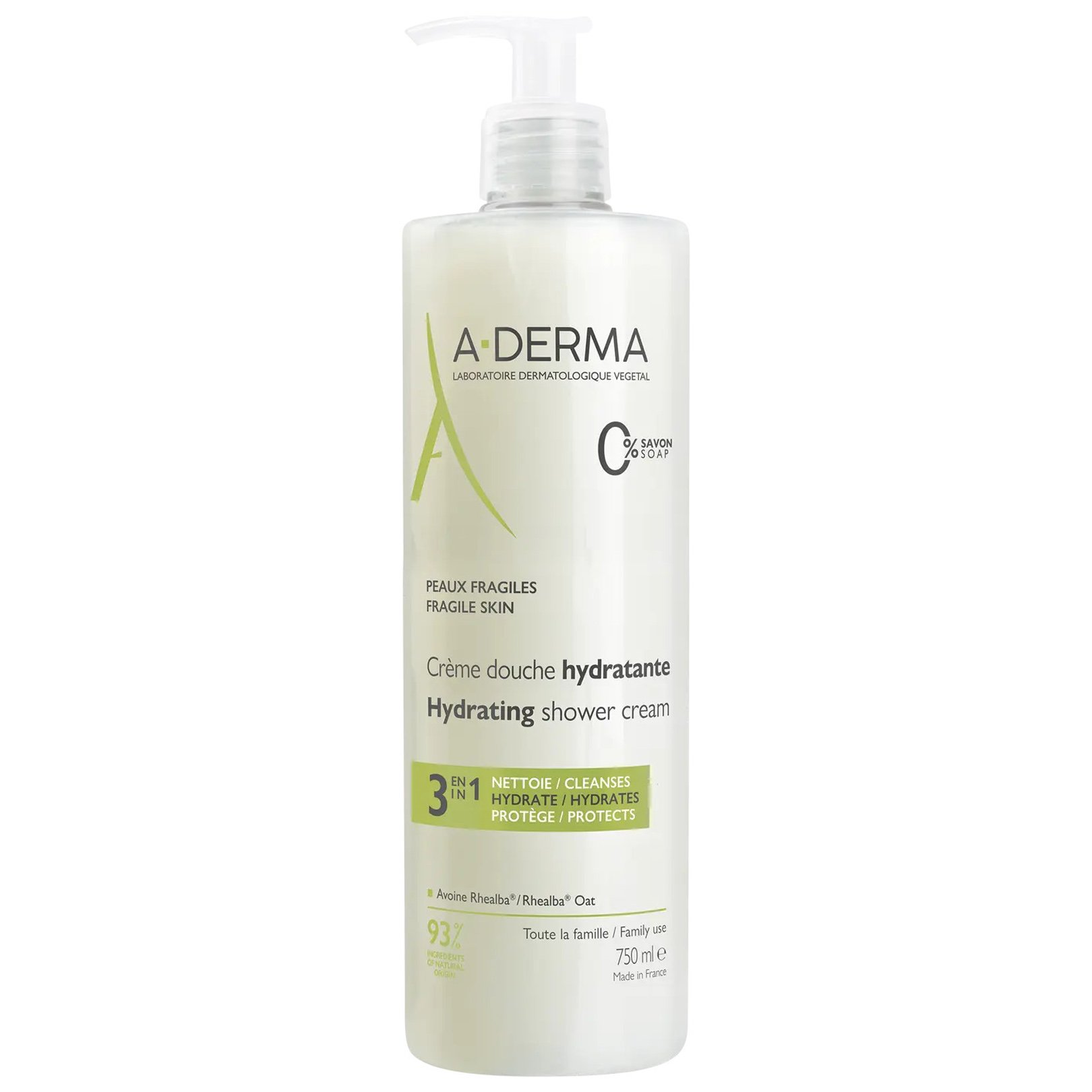 A-Derma Fragile Skin Hydrating Shower Cream Ενυδατικό Κρεμώδες Καθαριστικό για Ευαίσθητες Επιδερμίδες 750ml