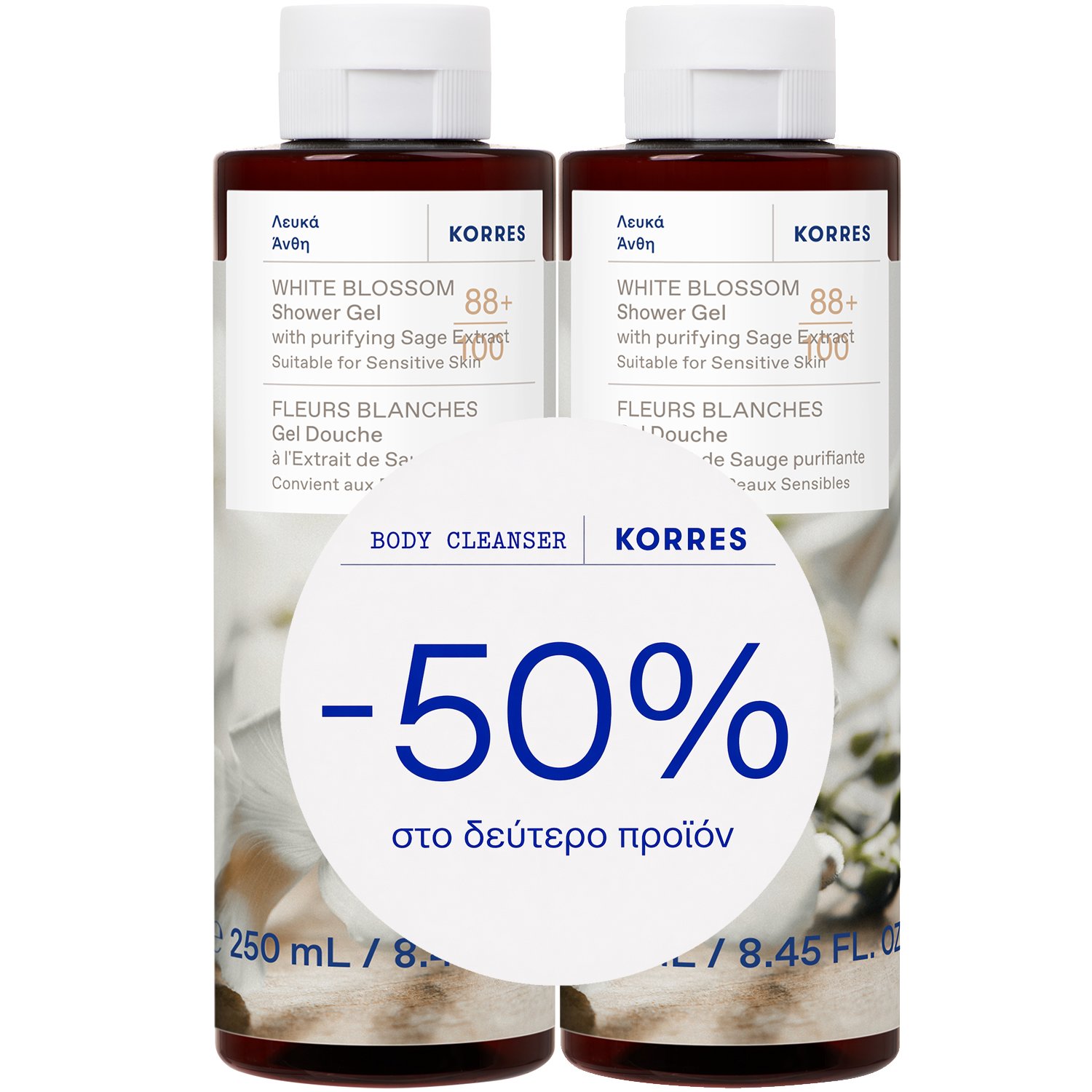 Korres Promo White Blossom Shower Gel Ενυδατικό Αφρόλουτρο Σώματος Λευκά Άνθη με Καθαριστικό Εκχύλισμα Φασκόμηλου για Πουδρένια Αίσθηση στην Επιδερμίδα 500ml (2x250ml)