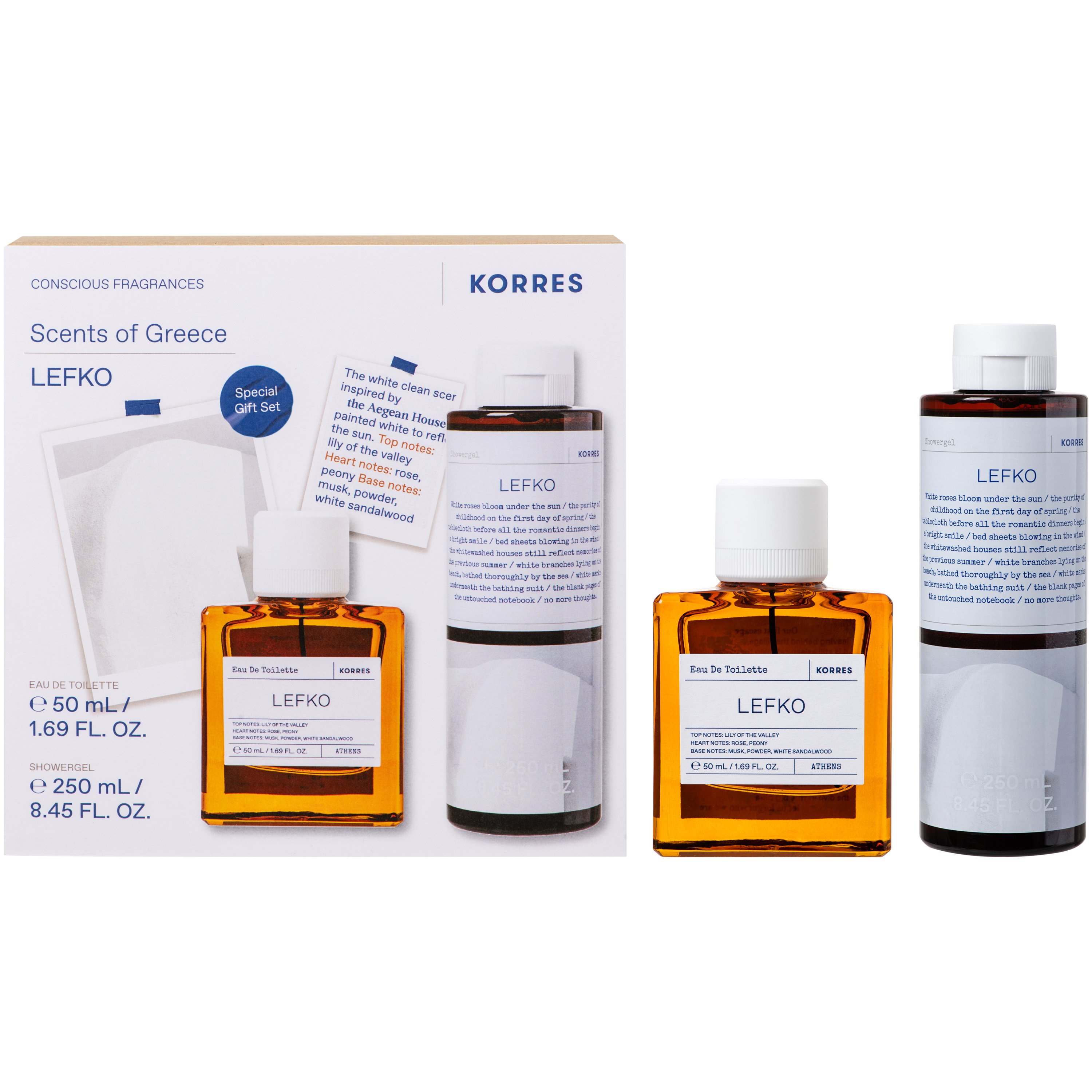 Korres Promo Lefko Eau De Toilette 50ml & Shower Gel 250ml,Γυναικείο Άρωμα με Νότες Άνθους Μιγκέ, Τριαντάφυλλου & Παιώνιας & Αφρόλουτρο