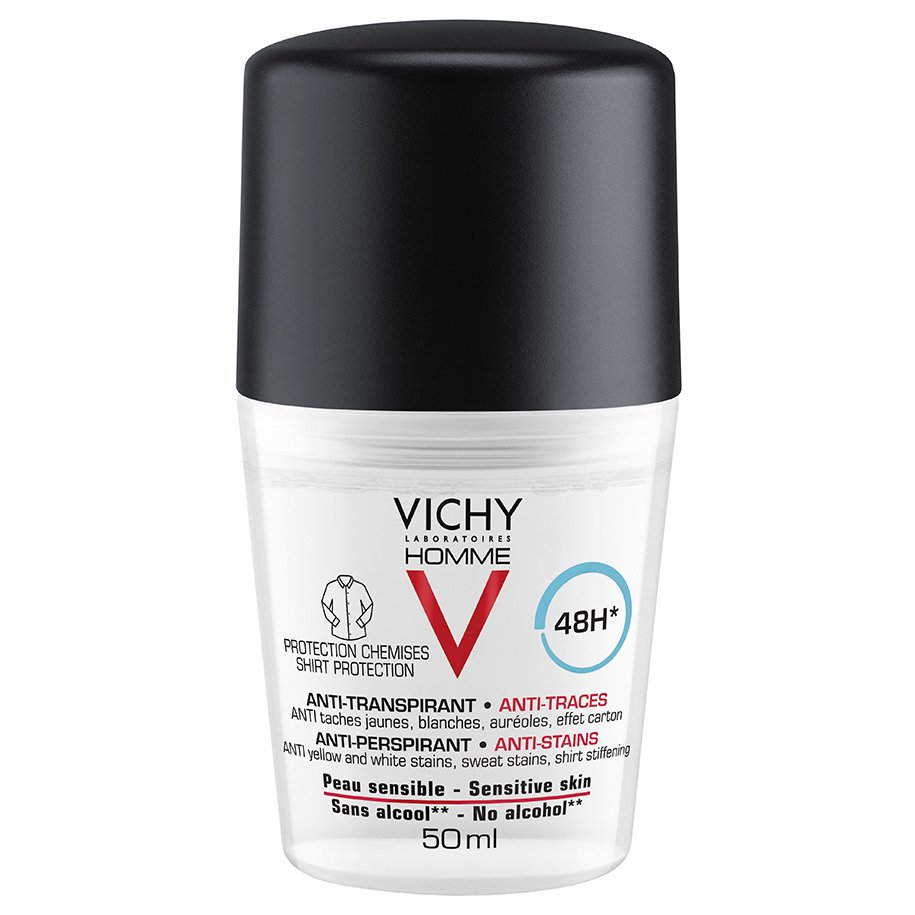Vichy Homme Deodorant Anti-Perspirant Anti-Stains Roll-on 48h Ανδρικό Αποσμητικό, Αντιιδρωτικό Roll-on για Προστασία Έως & 48 Ώρες, Κατά των Λεκέδων στα Ρούχα 50ml