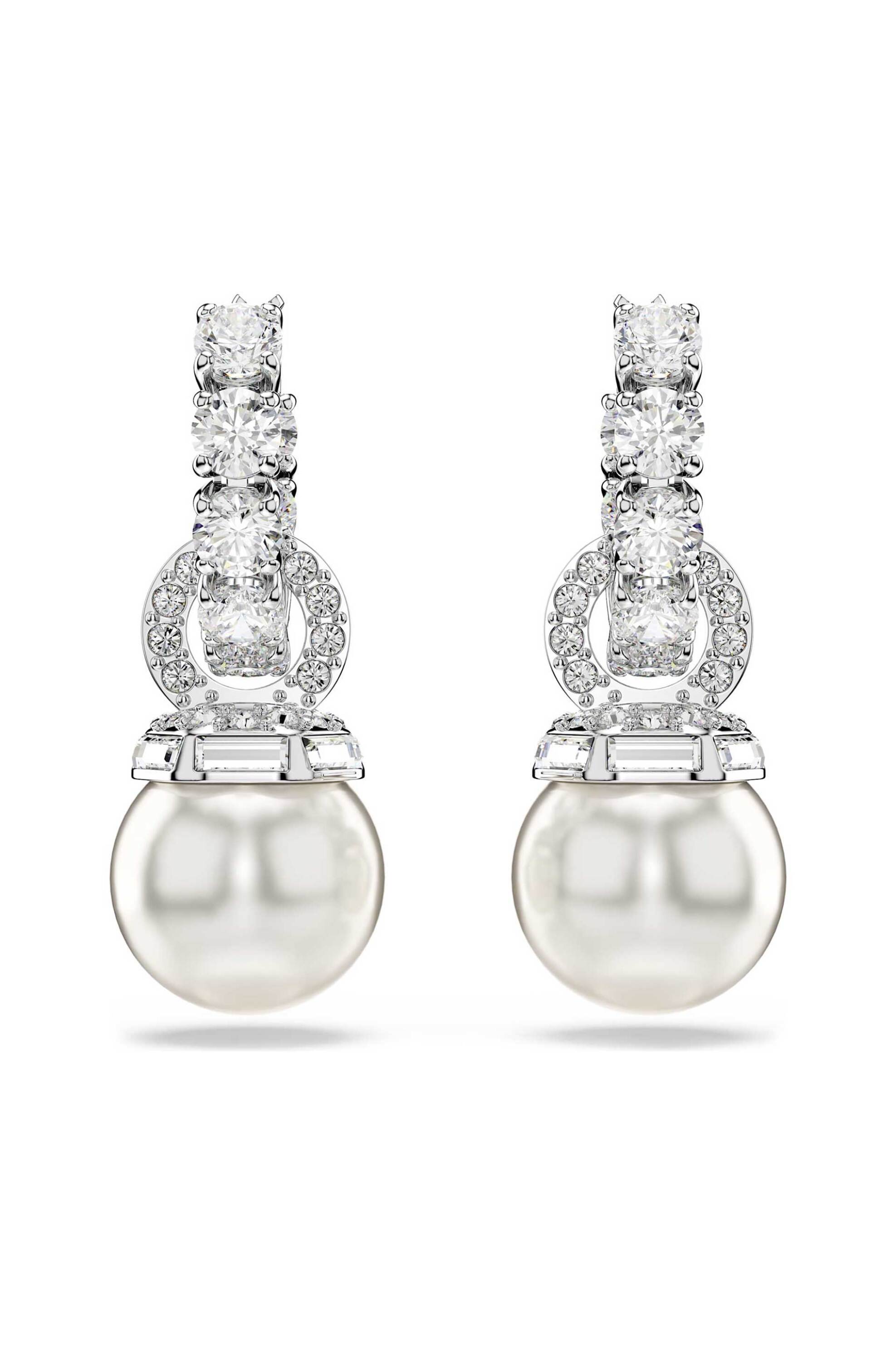 Swarovski γυναικεία σκουλαρίκια-σταγόνα crystal pearl, στρογγυλή κοπή, λευκά, επιμετάλλωση ροδίου "Matrix"