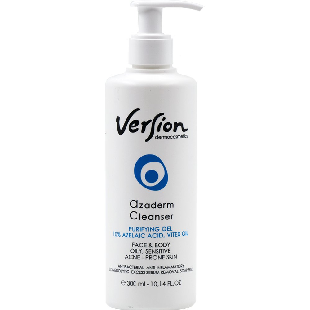 Version Azaderm Cleanser Purifying Gel for Face, Body & Oily, Sensitive Acne Prone Skin Λεπτόρρευστο Gel Καθημερινού Καθαρισμού Προσώπου & Σώματος με 10% Αζελαϊκό Οξύ & Ήπιες Επιφανειοδραστικές Ουσίες 300ml