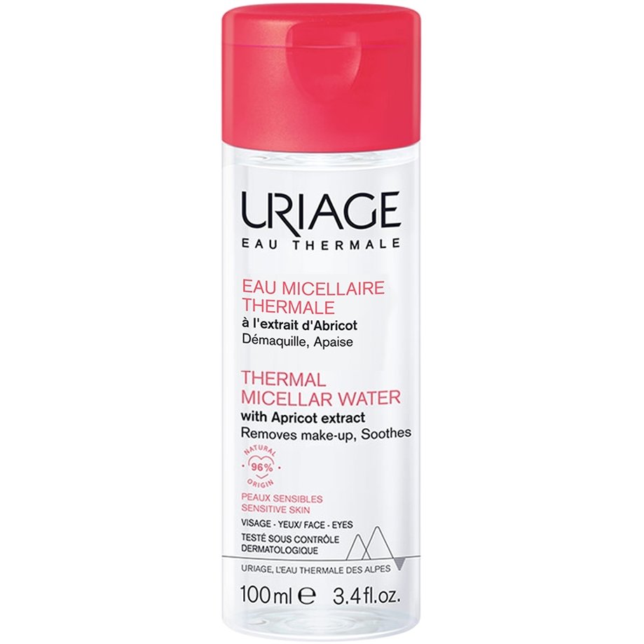 Uriage Thermal Micellar Water with Apricot Extract Travel Size Ιαματικό Μικυλλιακό Νερό για Ντεμακιγιάζ με Βερίκοκο, Κατάλληλο για Ευαίσθητες Επιδερμίδες 100ml