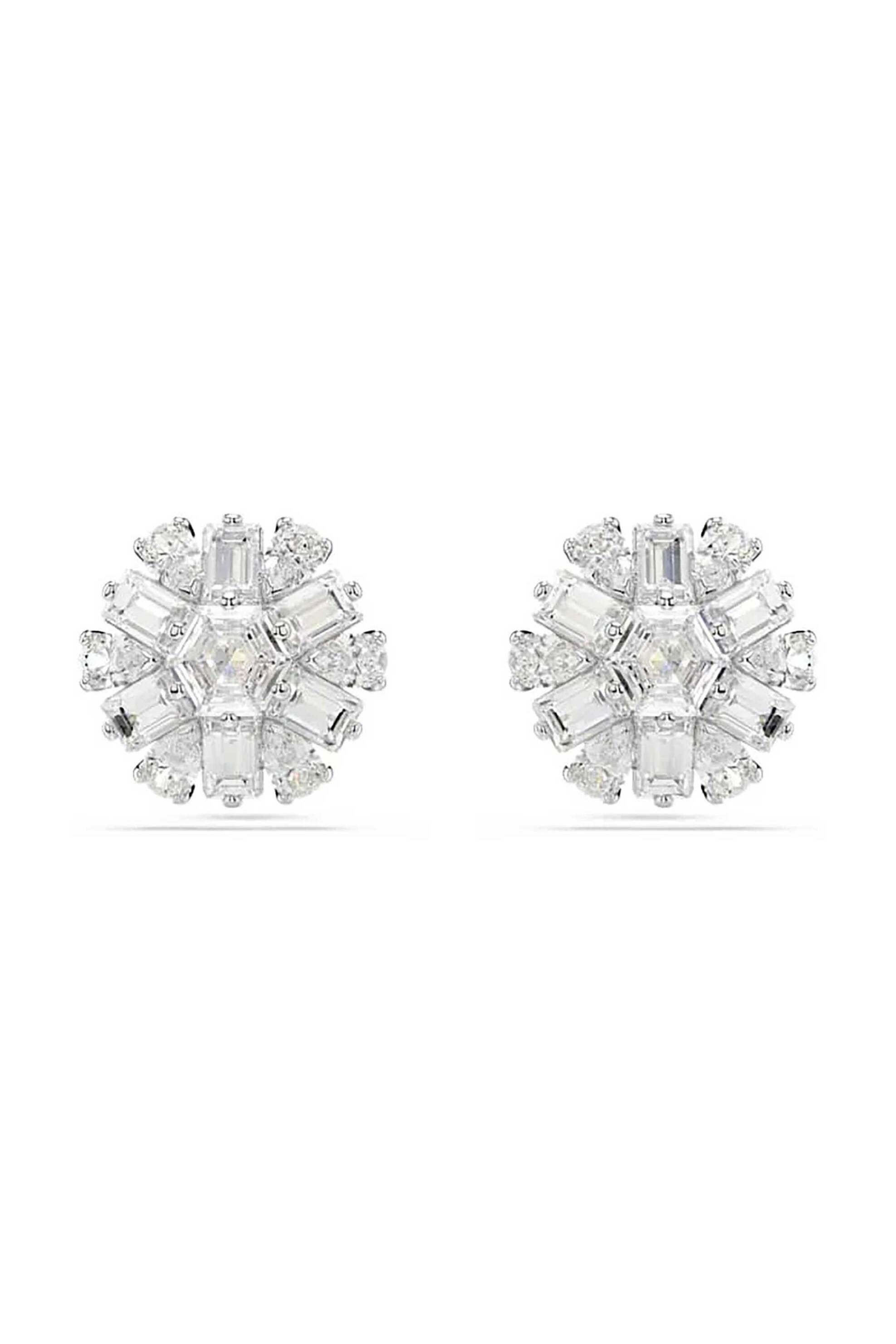Swarovski γυναικεία σκουλαρίκια με καραφάκια, μείξη κοπών, χιονονιφάδα, λευκά, επιμετάλλωση ροδίου "Idyllia"