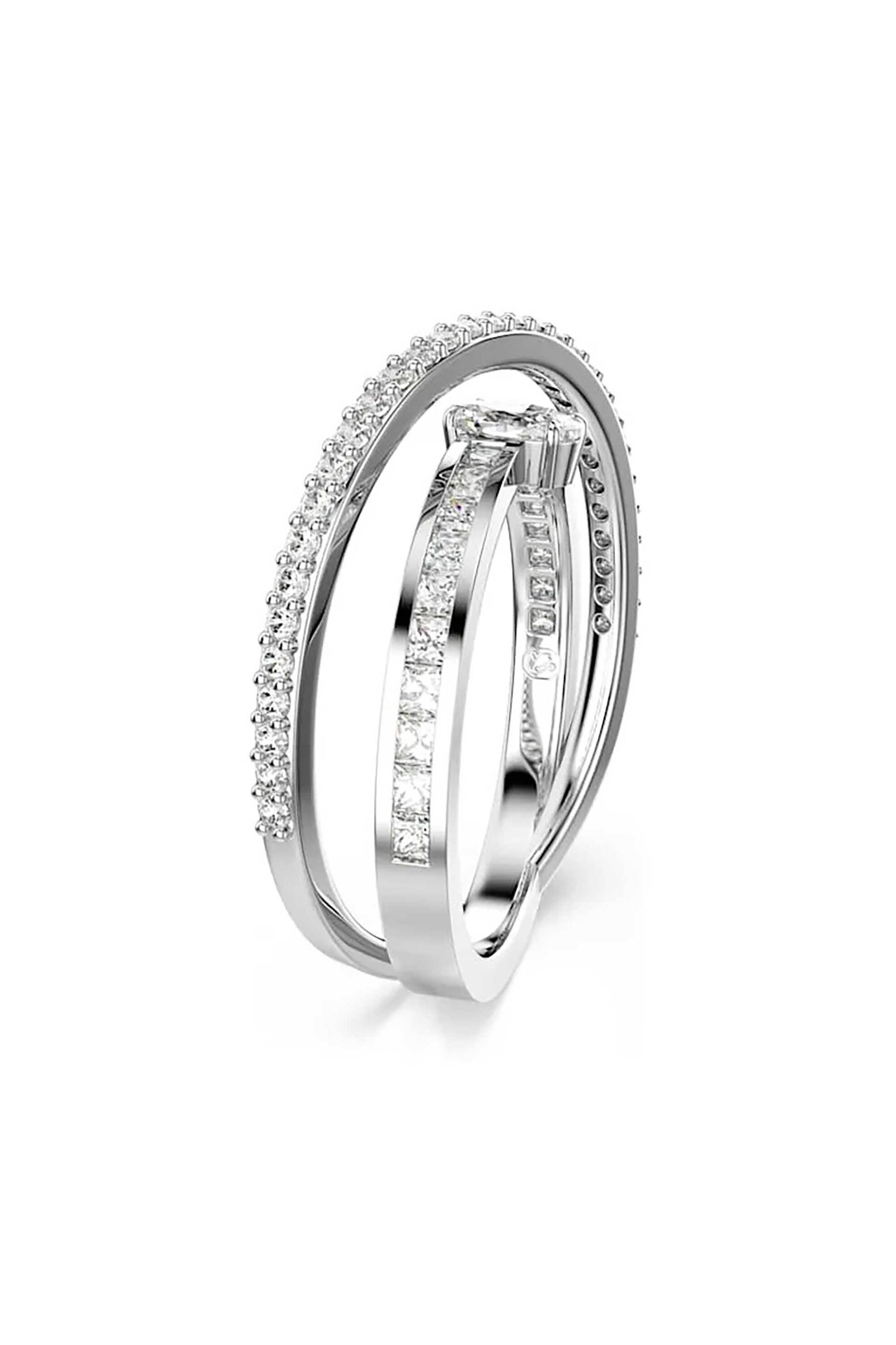 Swarovski γυναικείο δαχτυλίδι, μείξη κοπών, λευκό, επιμετάλλωση ροδίου "Hyperbola" (55)