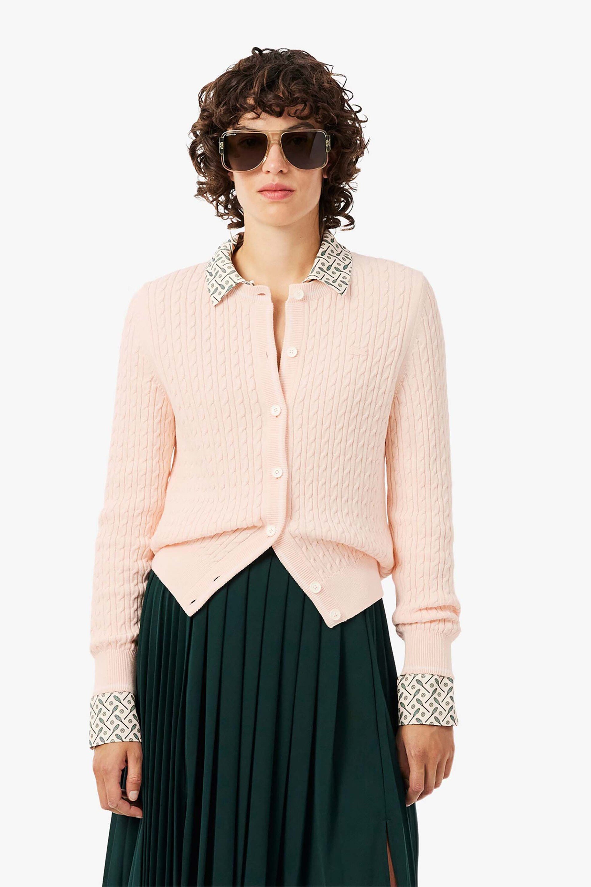 Lacoste γυναικεία πλεκτή ζακέτα με cable knit pattern και κεντημένο λογότυπο Regular Fit