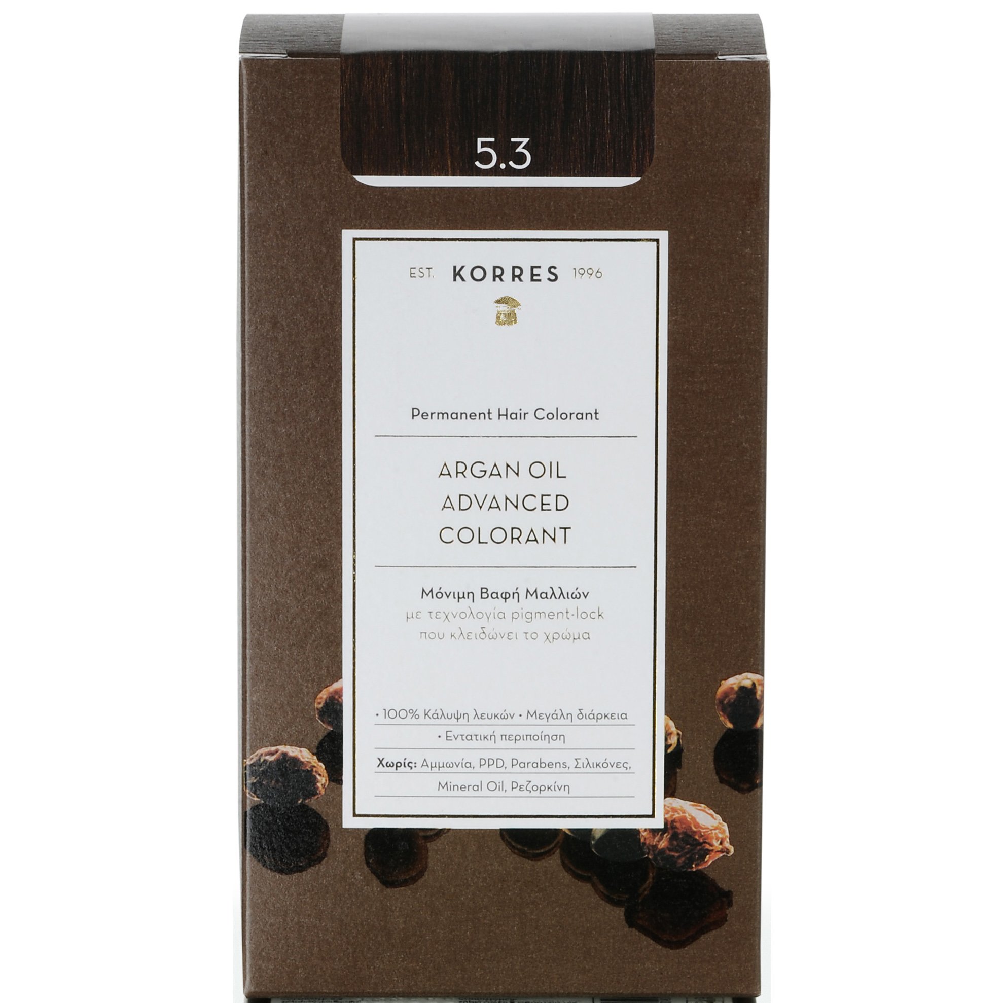 Korres Argan Oil Βαφή Μαλλιών Χωρίς Αμμωνία με Τεχνολογία Pigment-Lock που Κλειδώνει το Χρώμα 1 Τεμάχιο - 5.3 Καστανό Ανοιχτό Μελί
