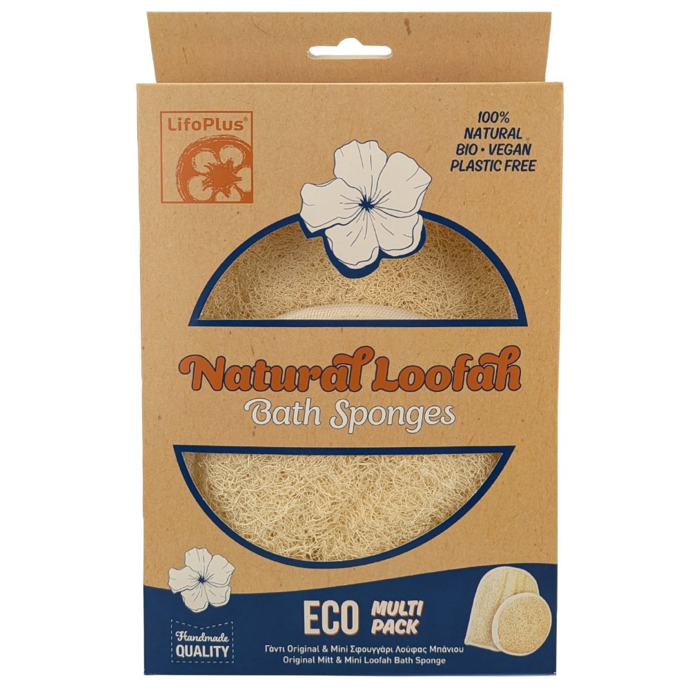 Lifoplus Natural Loofah Eco Multi Pack Original Mitt & Mini Loofah Bath Sponges Κανονικό Γάντι & Σφουγγάρι Λούφας Μπάνιου Μίνι για Βαθύ Καθαρισμό 2 Τεμάχια