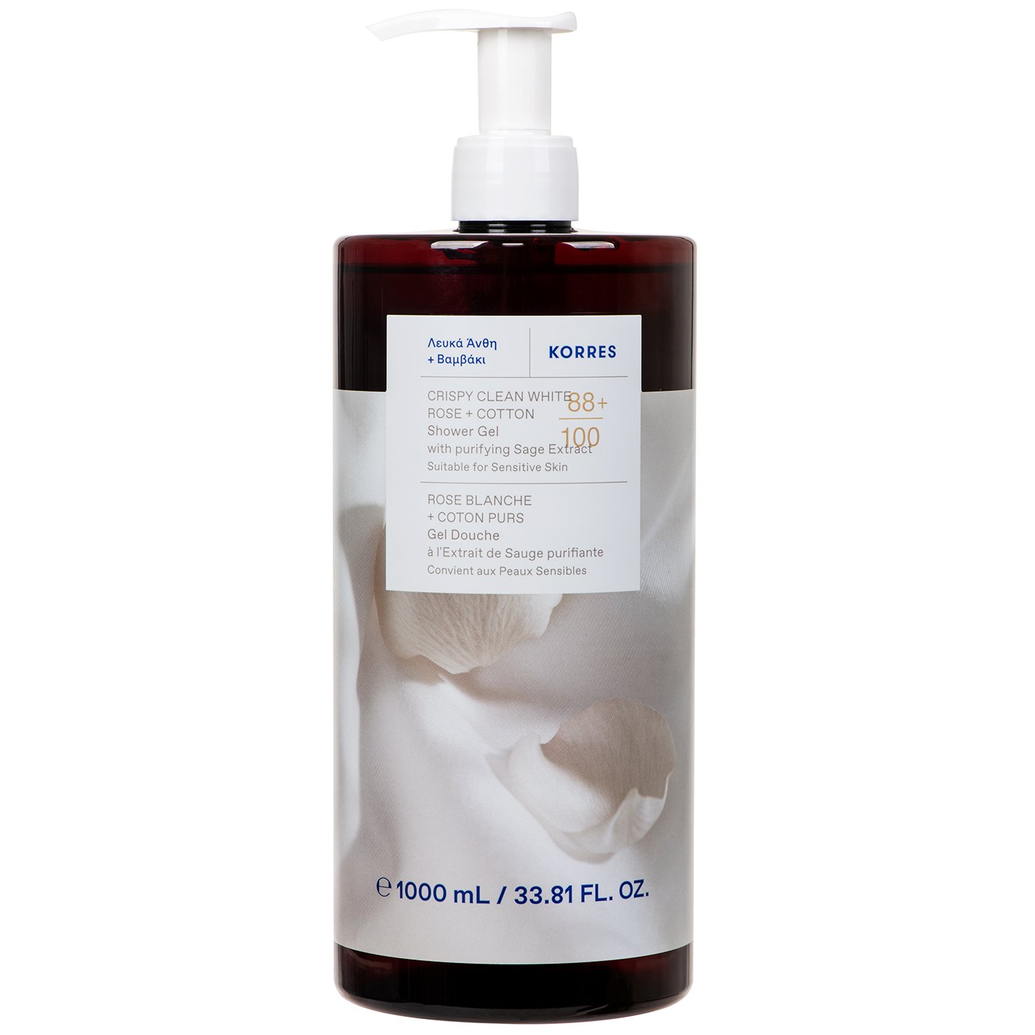 Korres Crispy Clean White Rose & Cotton Shower Gel Ενυδατικό Αφρόλουτρο Σώματος Λευκά Άνθη & Βαμβάκι με Καθαριστικό Εκχύλισμα Φασκόμηλου για Απαλό Άρωμα Φρεσκάδας Συνδυασμένο με Νότες Λευκών Λουλουδιών, με Αντλία 1L
