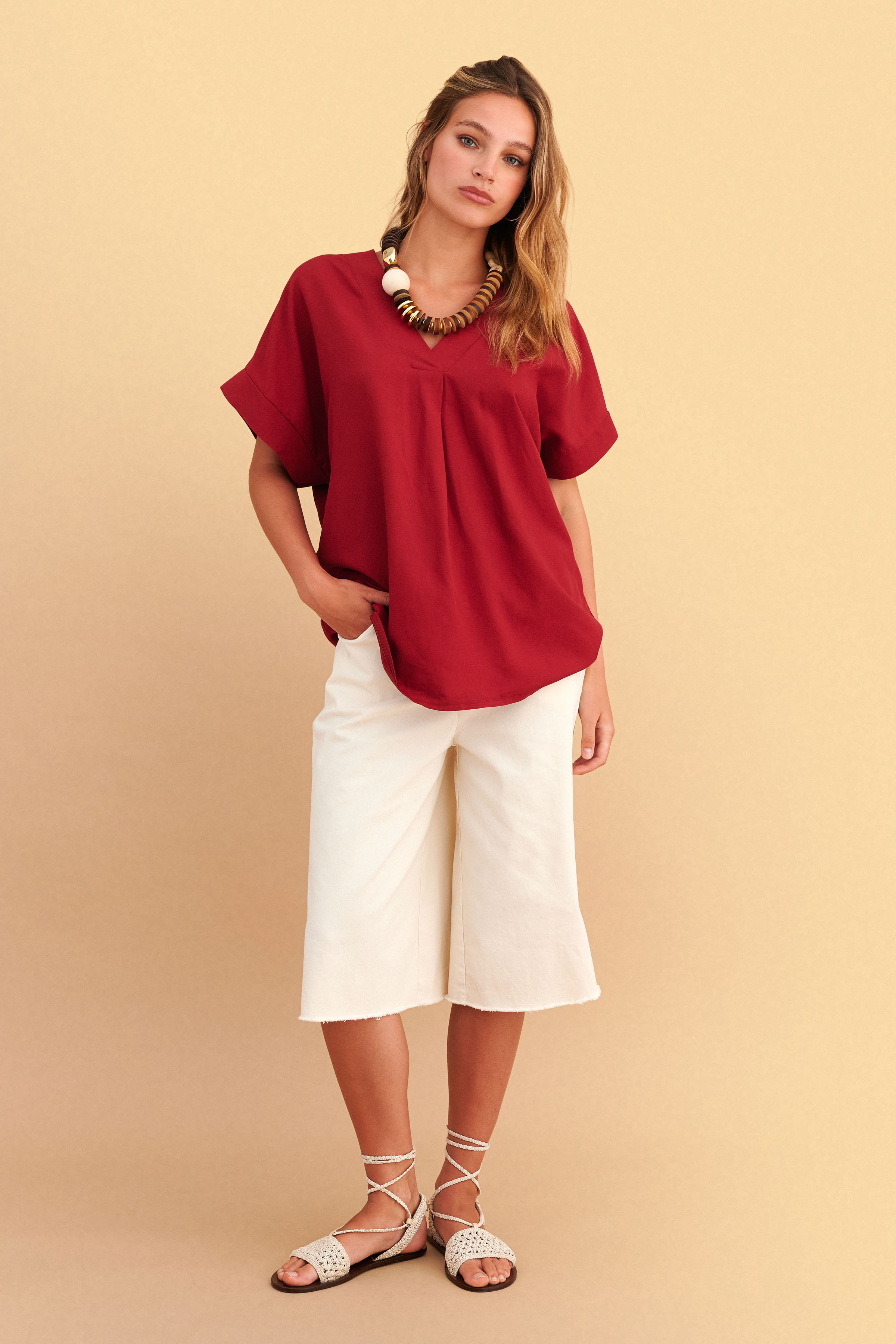 Τουνίκ V-neck με λινή όψη - BORDEAUX