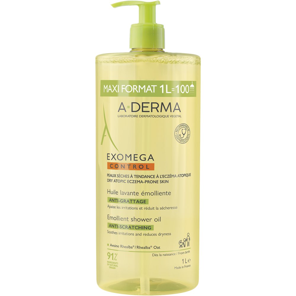 A-Derma Exomega Control Emollient Anti - Scratching Shower Oil Θρεπτικό Μαλακτικό Έλαιο Καθαρισμού Κατά του Αισθήματος Κνησμού για Ξηρό Δέρμα με Τάση Ατοπικού Εκζέματος 1000ml