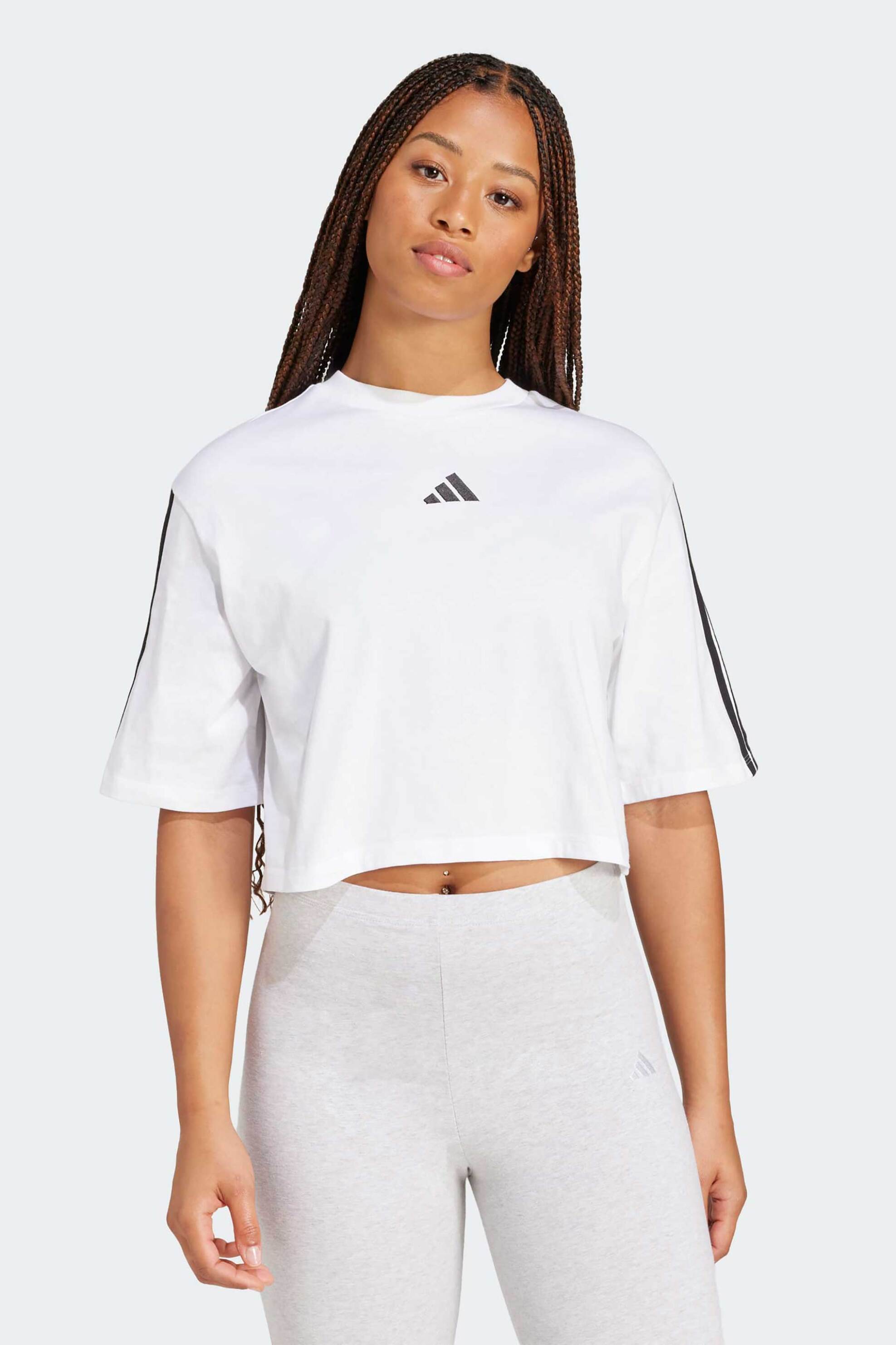 Adidas γυναικείο T-shirt cropped Loose Fit "Essential 3-Stripes Cotton" | XS