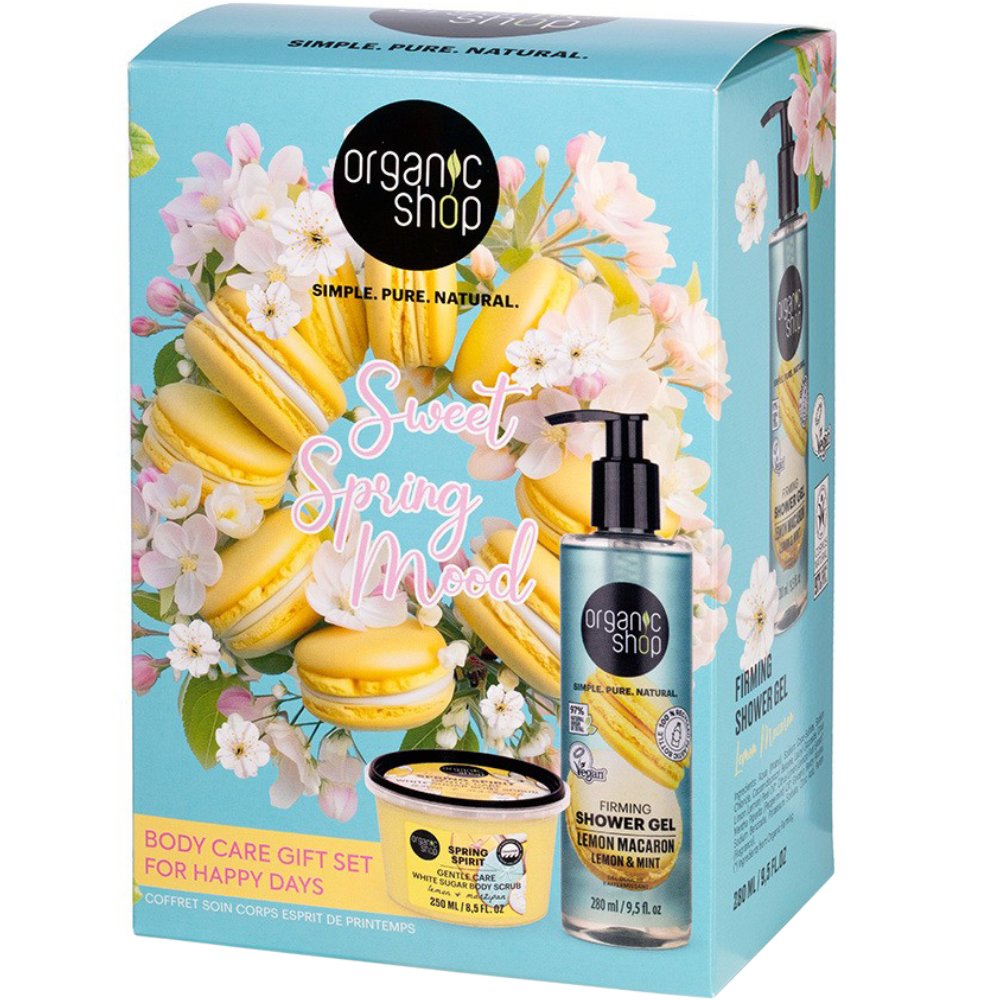 Organic Shop Promo Sweet Spring Mood Gentle Care White Sugar Body Scrub 250ml & Lemon Macaron Firming Shower Gel 280ml