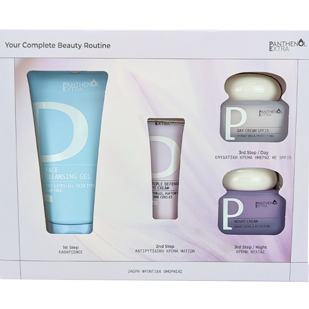 Panthenol Extra Promo Face Cleansing Gel 150ml & Triple Defense Eye Cream 25ml & Hydrating & Protecting Day Cream Spf15, 50ml & Nourishing & Repairing Night Cream 50ml