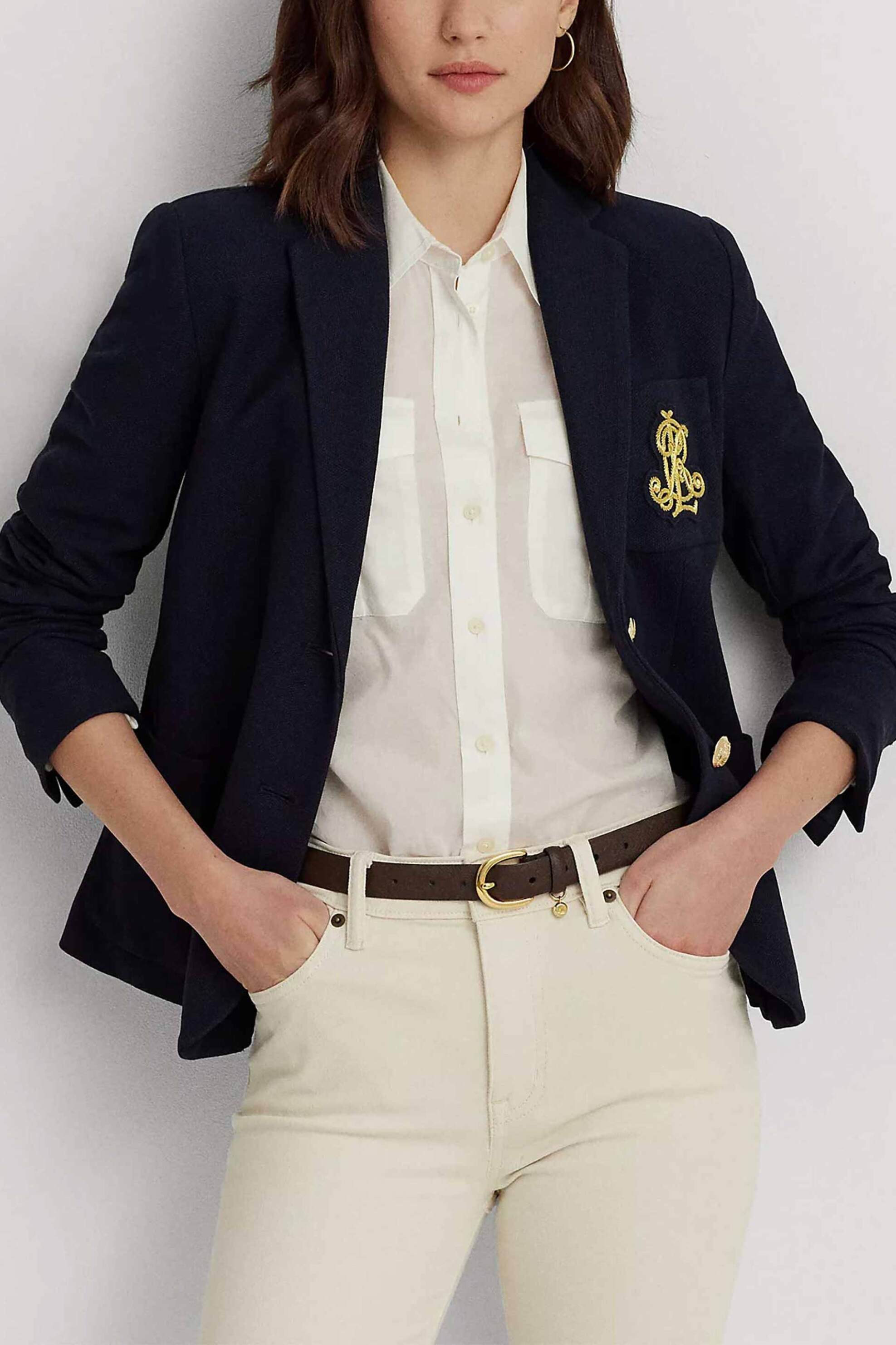 Lauren Ralph Lauren γυναικείο σακάκι μονόχρωμο βαμβακερό με τσέπες και κεντημένο μονόγραμμα | M